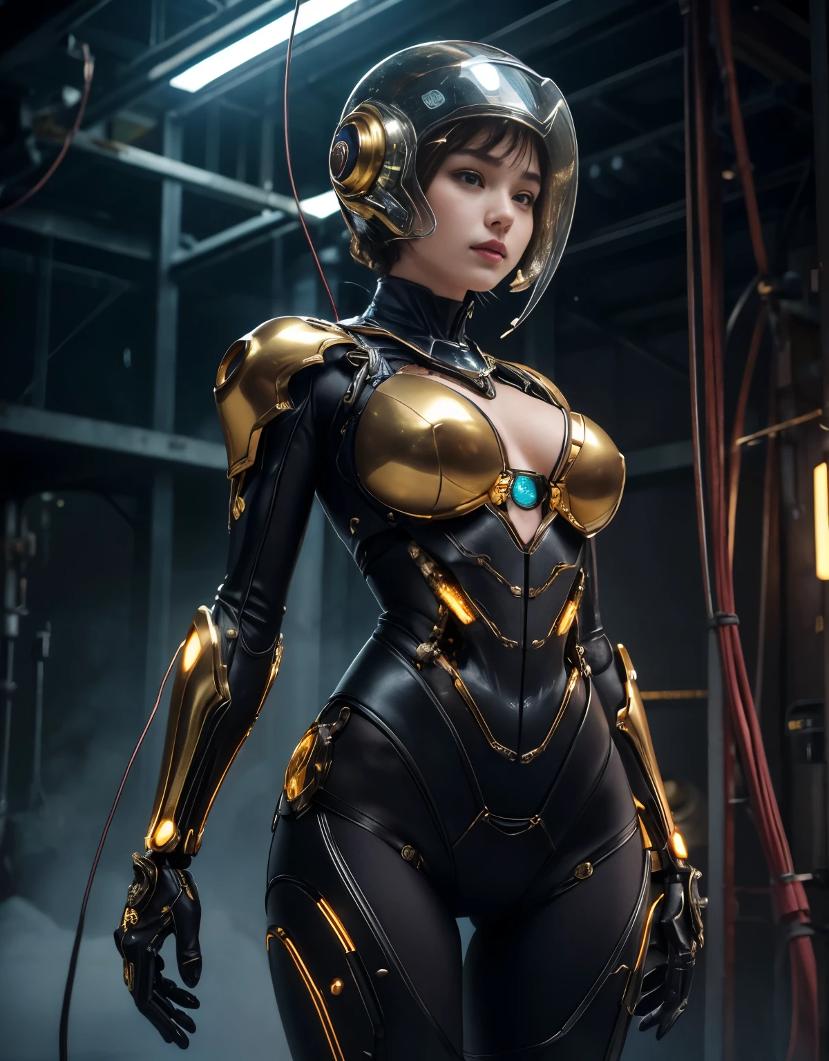 (Background of skimpy mechanical girl and octopus alien)、（Mystical expression）、highest quality、masterpiece、Super high resolution、(Photoreal:1.4)、RAW photo、1 girl、glowing skin、detailed face、(((1 Mechanical Girl)))、Heavy chest、（gold metal bodysuit）、(Natural alien background to fight aliens)、(Small LED)、((Super realistic details))、vertical giant monster background),global illumination、Shadow、octane rendering、24K、super sharp、robotの背景、big breasts、Raw skin exposed in the cleavage、intricate decorative details、Japan details、very intricate details、realistic light、(Mystical expression),CG Society Trenlow Eyes、Eyes shining towards the camera、Mechanical marginal blood vessels connected to neon detail tubes)、(Wires and cables connecting to the head)、Small LED、,mechanical thighs、two stock、（Hands are also made of machines）、robot、future alien、Please wear a mechanical helmet、transparent face guard on helmet、16K,