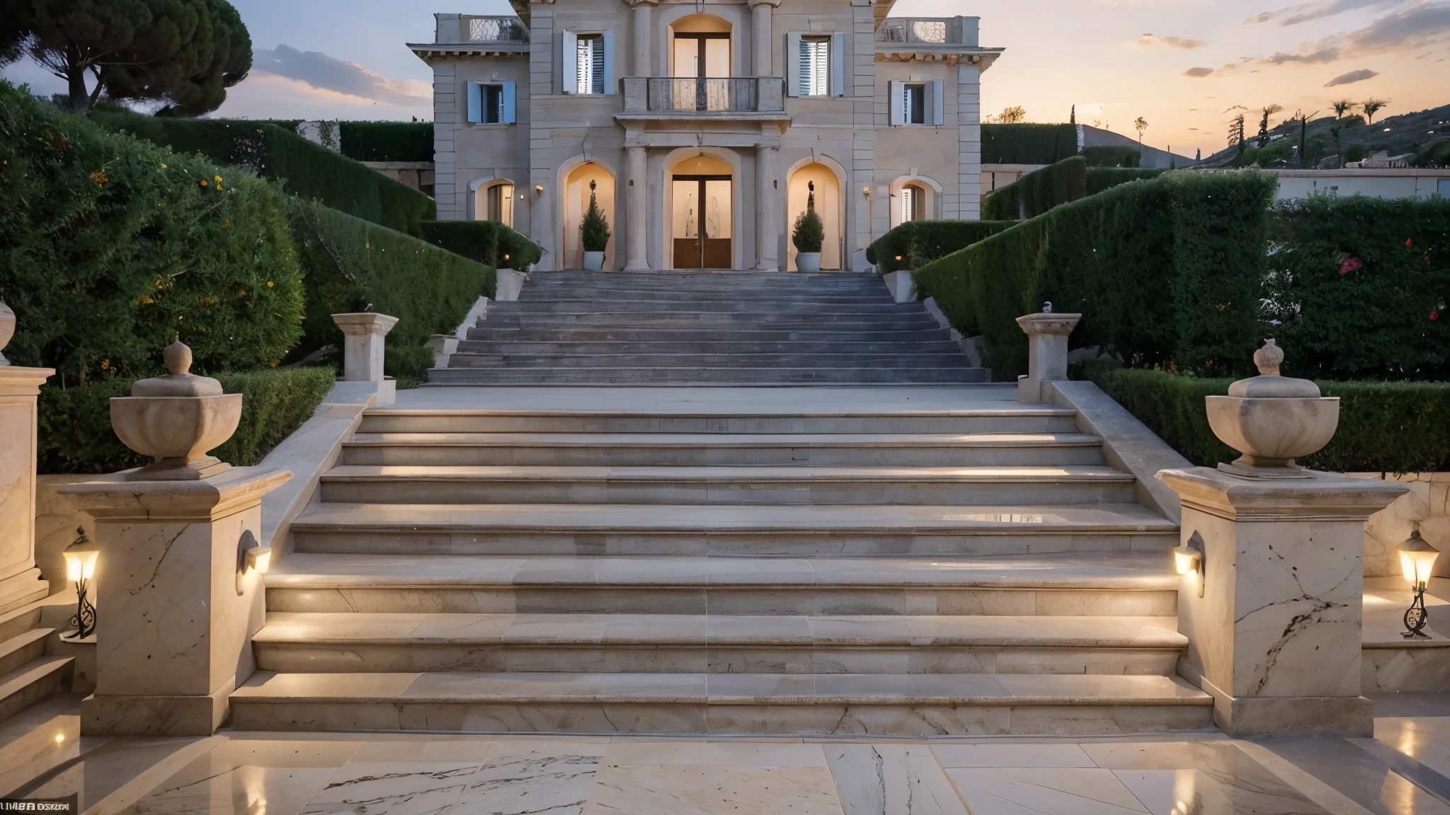 Imagine a spectacular villa in the french riviera, katharine pooley design, sunset in the background, beautiful big marble outdoor stairs, luxurious surroundings, katharine pooley, use a wide-angle lens to capture the expansive view
