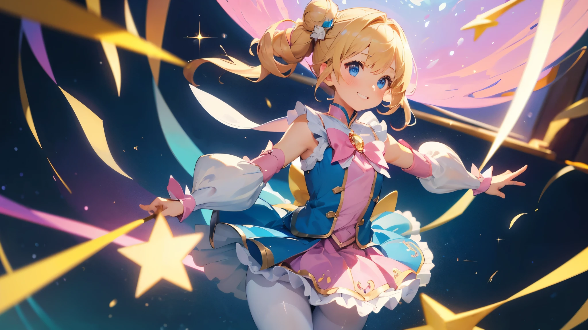 (best picture quality, 8K, high quality, masterpiece:1.2), ((masterpiece)), (high detail, high quality, best picture quality), bokeh, DOF, Portrait, open stance, (cute illustration:1.2), blond hair, (2 magical girl), (little cute girl:1.2), bun style hair, (small breast), cute round face, (pink and blue magical girl:1.2), sleeveless, detached sleeve, smiling, (white thigh high pantyhose)