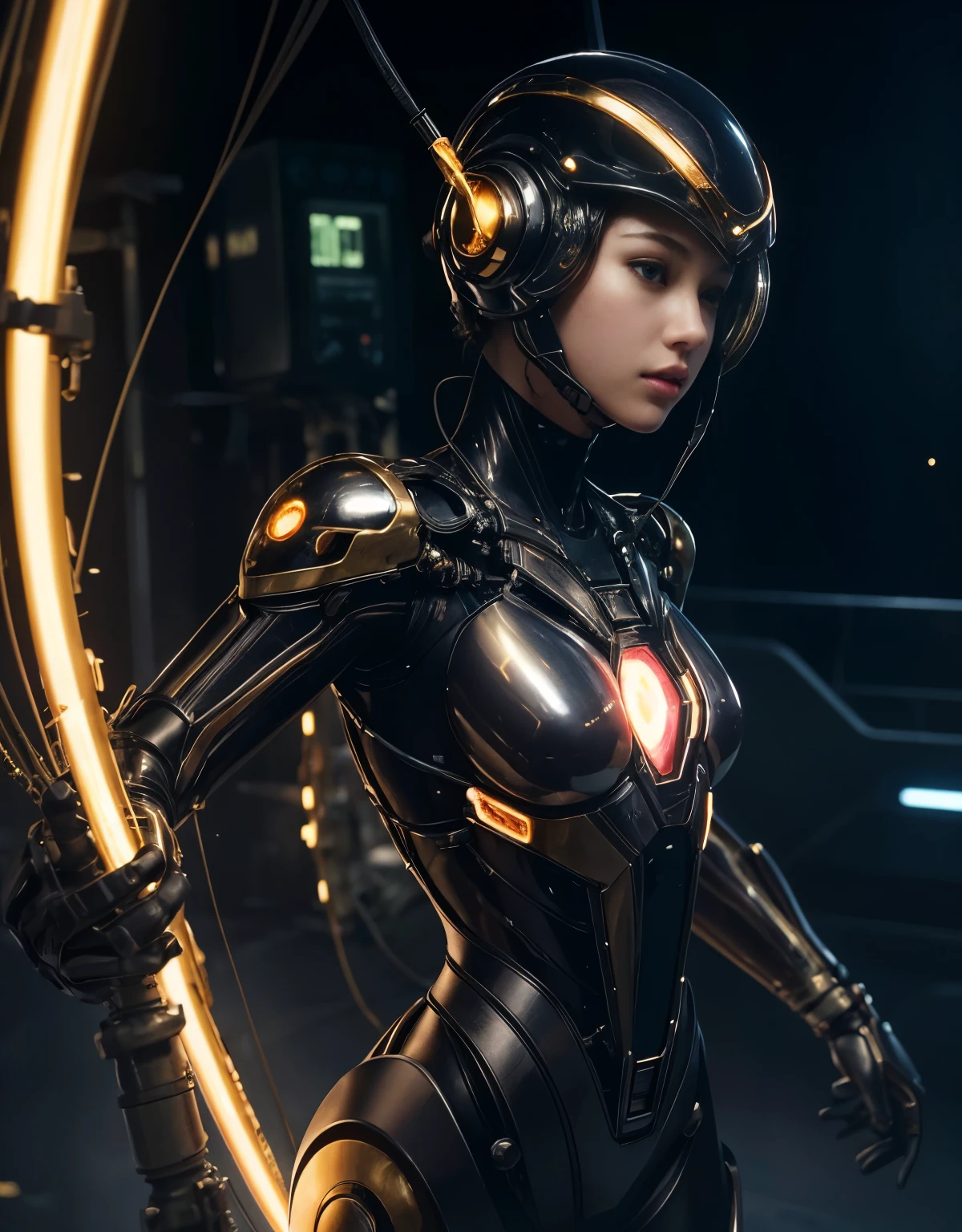 (Background of skimpy mechanical girl and octopus alien)、(Mystical expression)、highest quality、masterpiece、Super high resolution、(Photoreal:1.4)、RAW photo、1 girl、glowing skin、detailed face、(((1 Mechanical Girl)))、Heavy chest、(gold metal bodysuit)、(Natural alien background to fight aliens)、(Small LED)、((Super realistic details))、vertical giant monster background),global illumination、Shadow、octane rendering、24K、super sharp、robotの背景、big breasts、Raw skin exposed in the cleavage、intricate decorative details、Japan details、very intricate details、realistic light、(Mystical expression),CG Society Trenlow Eyes、Eyes shining towards the camera、Mechanical marginal blood vessels connected to neon detail tubes)、(Wires and cables connecting to the head)、Small LED、,mechanical thighs、two stock、(Hands are also made of machines)、robot、future alien、Please wear a mechanical helmet、transparent face guard on helmet、16K,