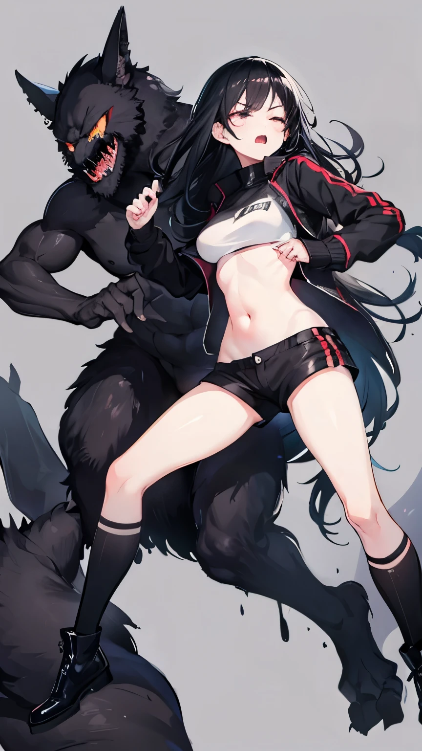 Cool girl, long black hair, belly button exposed, thin legs, wearing black crew socks, boots, wearing a jacket, attacked by a monster from behind, pushed away, eyes closed, screaming, full body picture