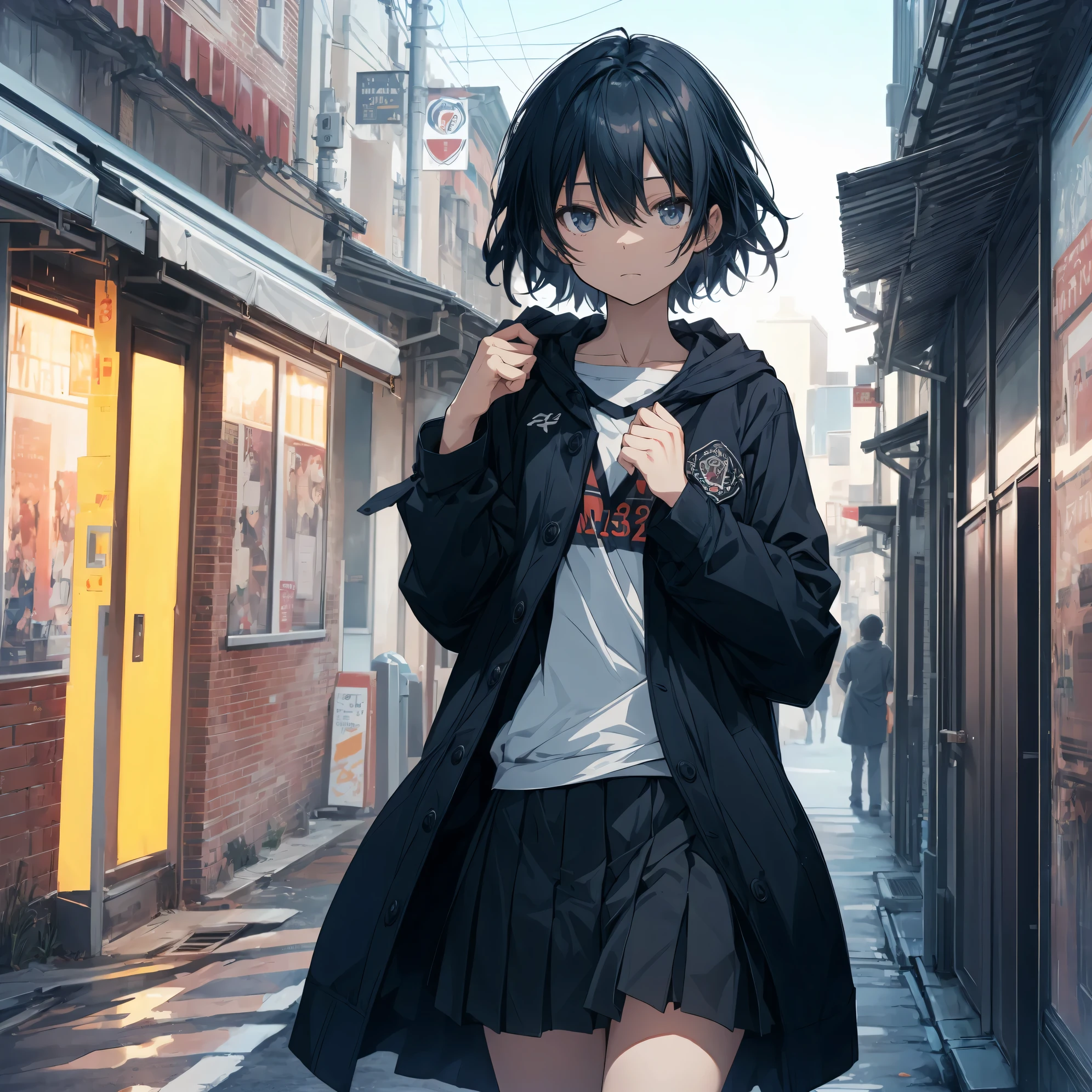 Super high quality by the art god, super detailed, High resolution, Shinkai Makoto style, anime moe art style, best anime 8K konachan wallpaper, pixiv contest winner, perfect anatomy, break,(眠そうにalone学校へ行く女の子を描いてください. ),break, surreal high school girl, (alone,lolita, , 13 years old:1.3),All limbs, full finger,, androgynous charm, (very short hair), messy hair, flat chest, , small ass, between legs, Small black eyes,hanme,beautiful and fine eyes, Well-proportioned iris and pupils, sleepy eyes, High resolutionの詳細な髪, wearing school uniform, (skirt), On the way to school. break,super dense skin, Best lighting by famous artists, 8K, figure,