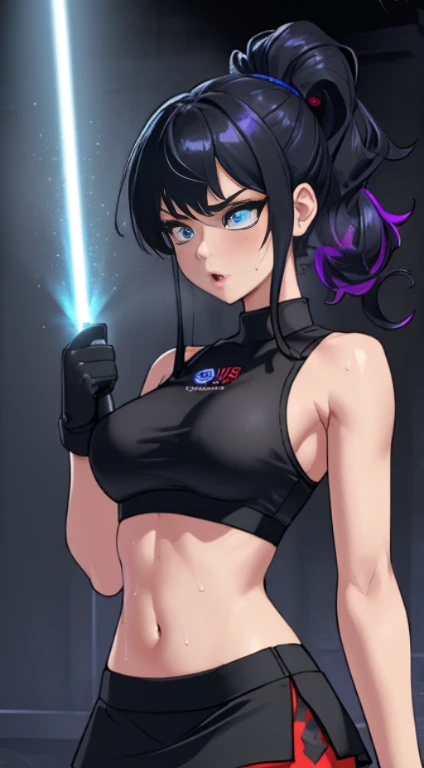 top-quality、Top image quality、​masterpiece、girl with((cute little、18year old、Best Bust、Medium bust、Bust 85,Beautiful blue eyes、Breasts wide open,Long Black Hair、A slender、Middle knot、Black Sports Bra、White short skirt,Reflecting the whole body、Black perforated gloves、Sweating、Straight punch、Splattering sweat)）hiquality、Beautiful Art、Background with((clubhouse、Blue lighting、Purple Laser Illumination、Red laser illumination,Yellow laser illumination,fitness club、natta、Virtual Worlds)),masutepiece、Elaborate design、visualart、depth of fields、The best lighting、highestdetailed、8ｋ,Super delicate