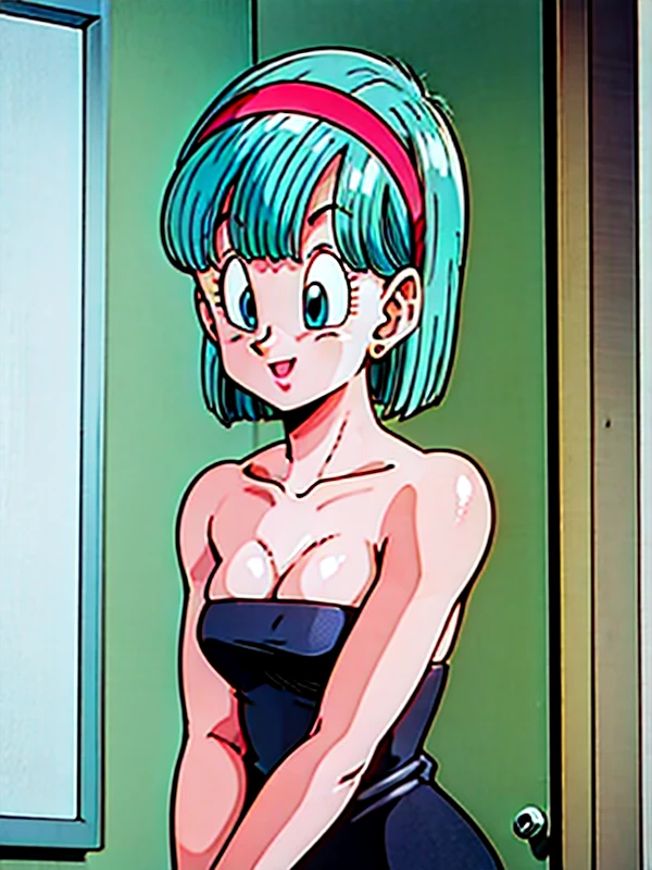 best quality, high resolution, indoors, smile, namek saga, bulma, 1 girl, solo, breasts, looking at viewer, smile, short hair, blue eyes, red hairband, little black dress, strapless dress, bare shoulders, bare collarbone, thighs, skin-tight dress, standing, nightclub background, masterpiece, best quality, ultra detailed, open mouth,