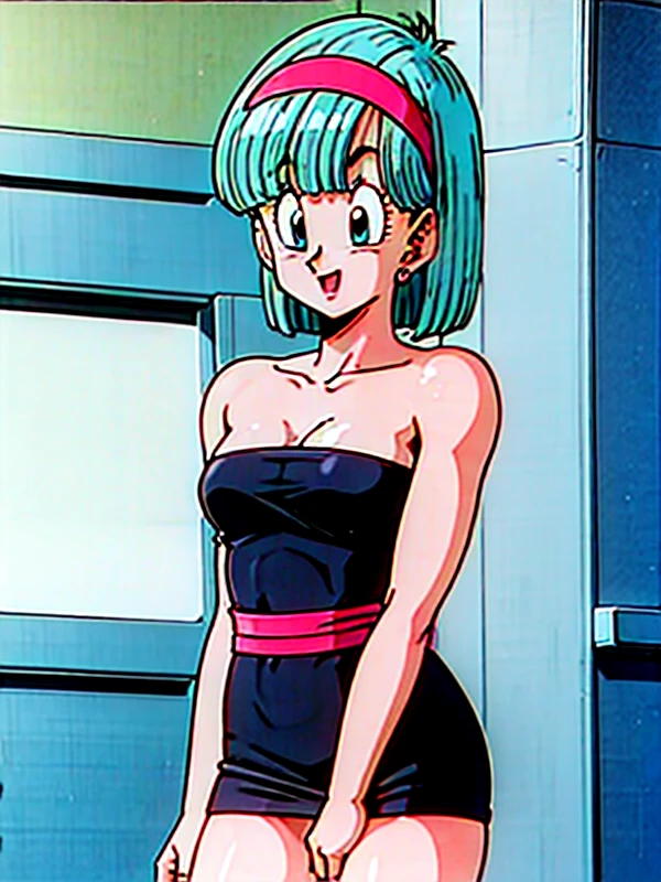 best quality, high resolution, indoors, smile, namek saga, bulma, 1 girl, solo, breasts, looking at viewer, smile, short hair, blue eyes, red hairband, little black dress, strapless dress, bare shoulders, bare collarbone, thighs, skin-tight dress, standing, nightclub background, masterpiece, best quality, ultra detailed, open mouth,