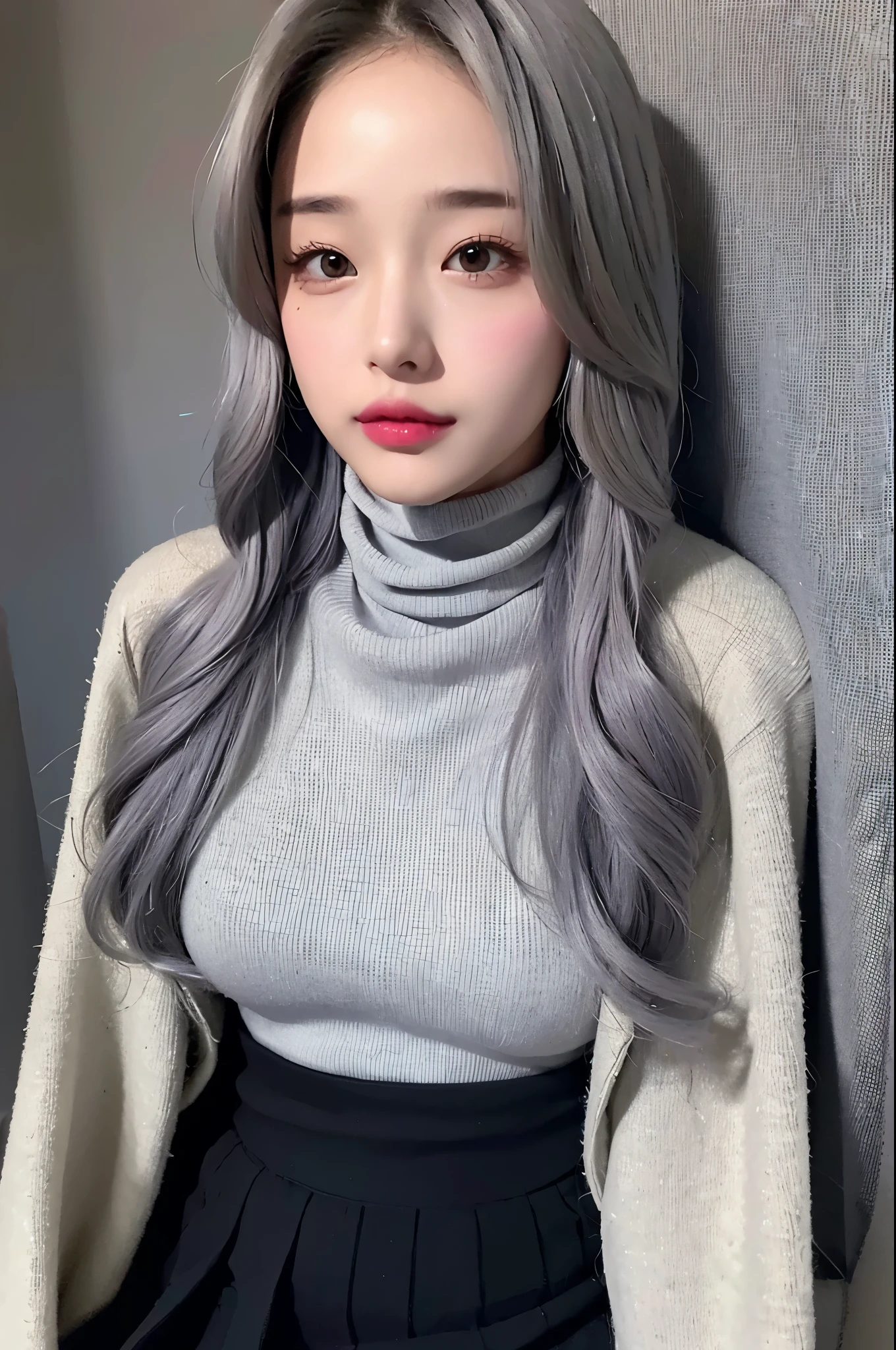 realistic, High resolution, 1 female, glowing skin, alone, wide lips,long hair,wavy hair, hip up,saggy breasts,small face,Gray color hair,Color Contacts,Turtleneck sweater,long skirt,Wearing a down jacket