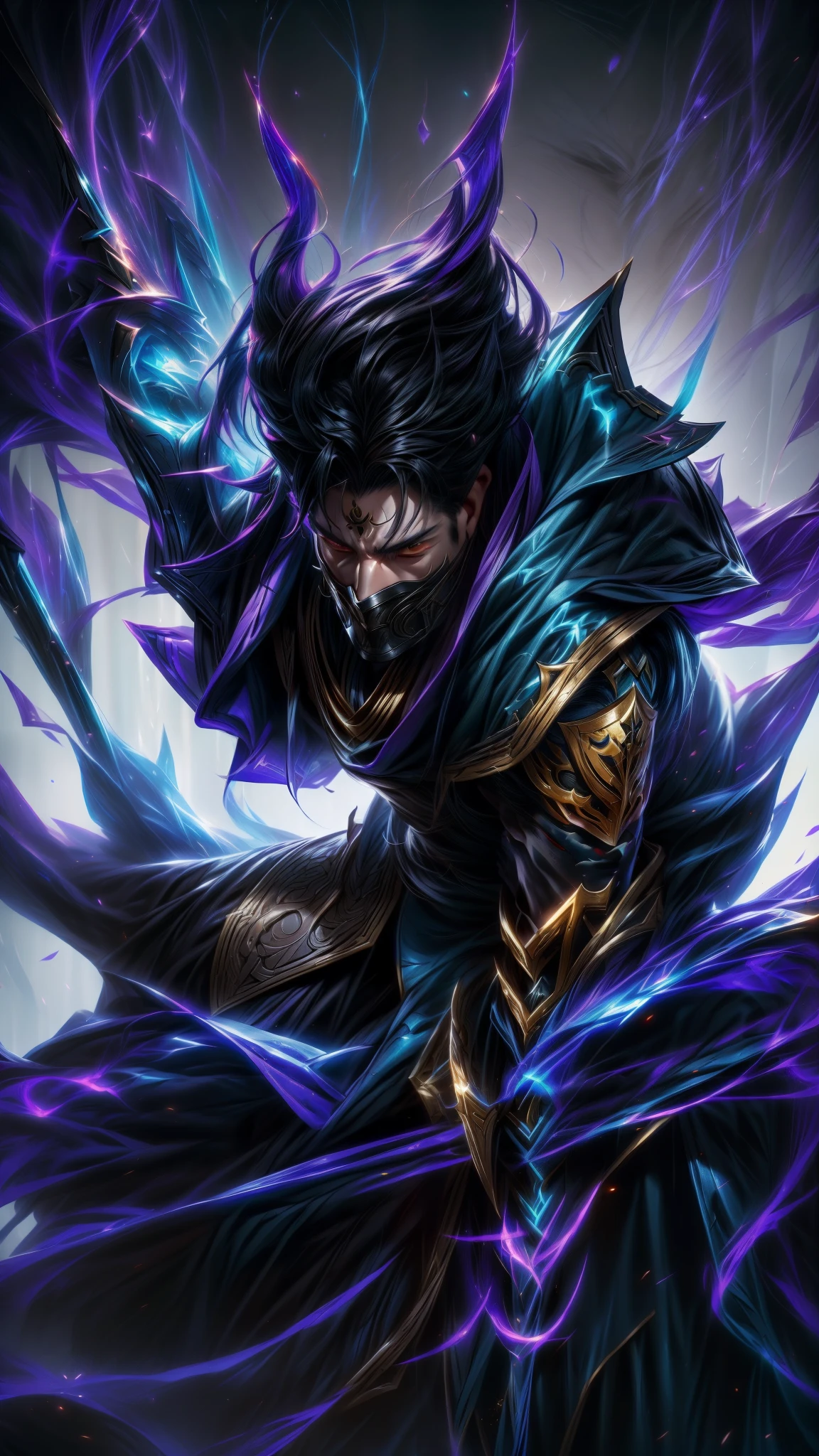 a close up of a man with a mask and wearing costum , league of legends character, league of legends character art, by Yang J, the former demon king, league of legends art, sylas, extremely detailed artgerm, inspired by Huang Shen, portrait of hades, league of legends style art, official splash art