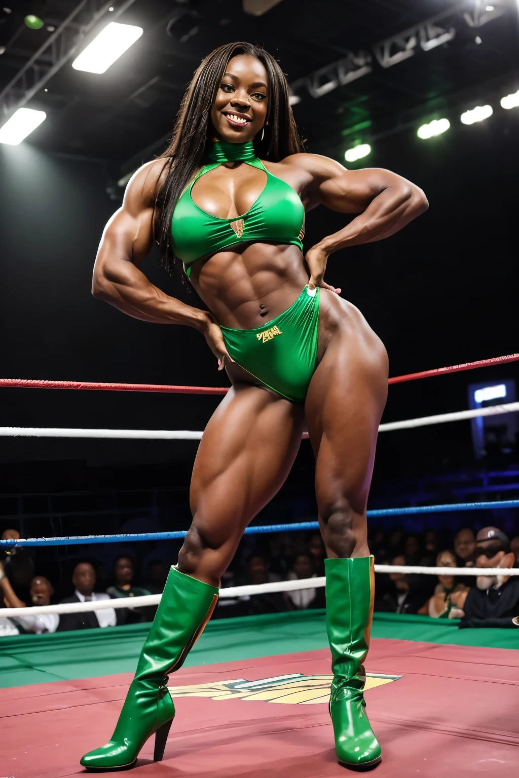 muscular african female bodybuilder、Green bra top、Green shorts、Green knee-high boots、standing on a professional wrestling ring