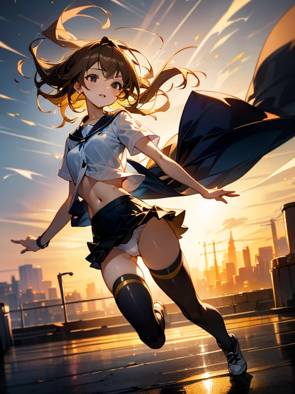 masterpiece , best quality ,1 girl, jumping, dynamism, full body, A very beautiful and charming face, beautiful light brown hair, hair over shoulder, floating hair, expressive hair, shiny hair, hair flaps, intense black eyes, strong eye highlights, small breasts, shy smile,  lip gloss, parted lips, high school uniform, summer clothes, (((sheer white shirt))), beautiful slim body line, navel visible, navy blue short plears skirt, white lace panties, cameltoe, BREAK, ((black thigh-high socks)), 
 soft wind, Sunset after rain, wet road surface, back light, Looking up from the floor,flipping skirt.