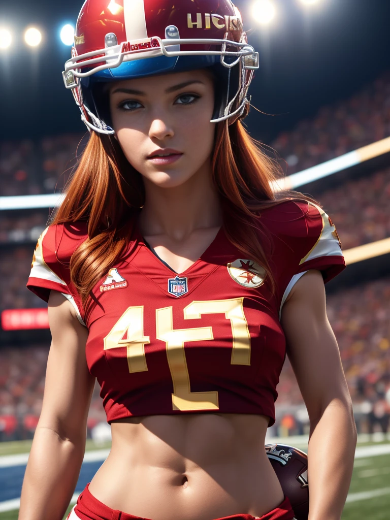 Photorealistic image ((masterpiece)), ((high quality)) UHD 8K, of a fNFL woman, (medium chest), (thin waist), wearing (sexy football uniform, NFL. red and gold), (NFL helmet), bright blue eyes, long red hair, playing on a football field