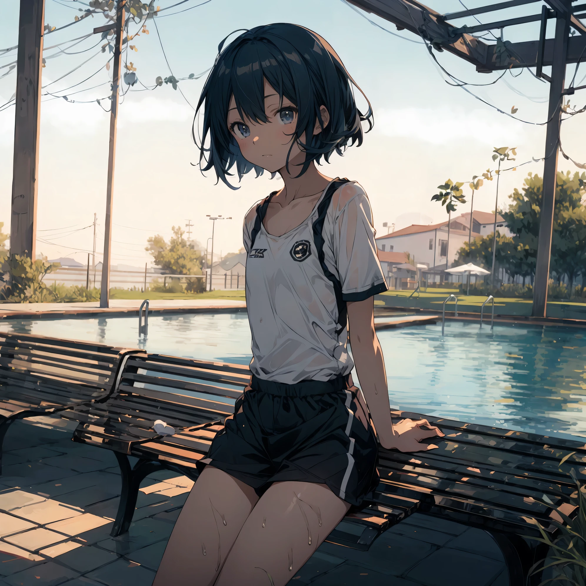 Super high quality by the art god, super detailed, High resolution, Shinkai Makoto style, anime moe art style, best anime 8K konachan wallpaper, pixiv contest winner, perfect anatomy, break,(Draw a picture of a girl in a swimsuit sitting sleepily on a bench by the pool.),break, surreal girl, (alone,lolita, , :1.3),All limbs, full finger,, androgynous charm, (very short hair), Wet hair, flat and soft chest, small ass, between legs, Small black eyes,hanme,beautiful and fine eyes, Well-proportioned iris and pupils, sleepy eyes, High resolutionの詳細な髪, school swimwear,Wet, in  School pool. break,super dense skin, Best lighting by famous artists, 8K, figure,