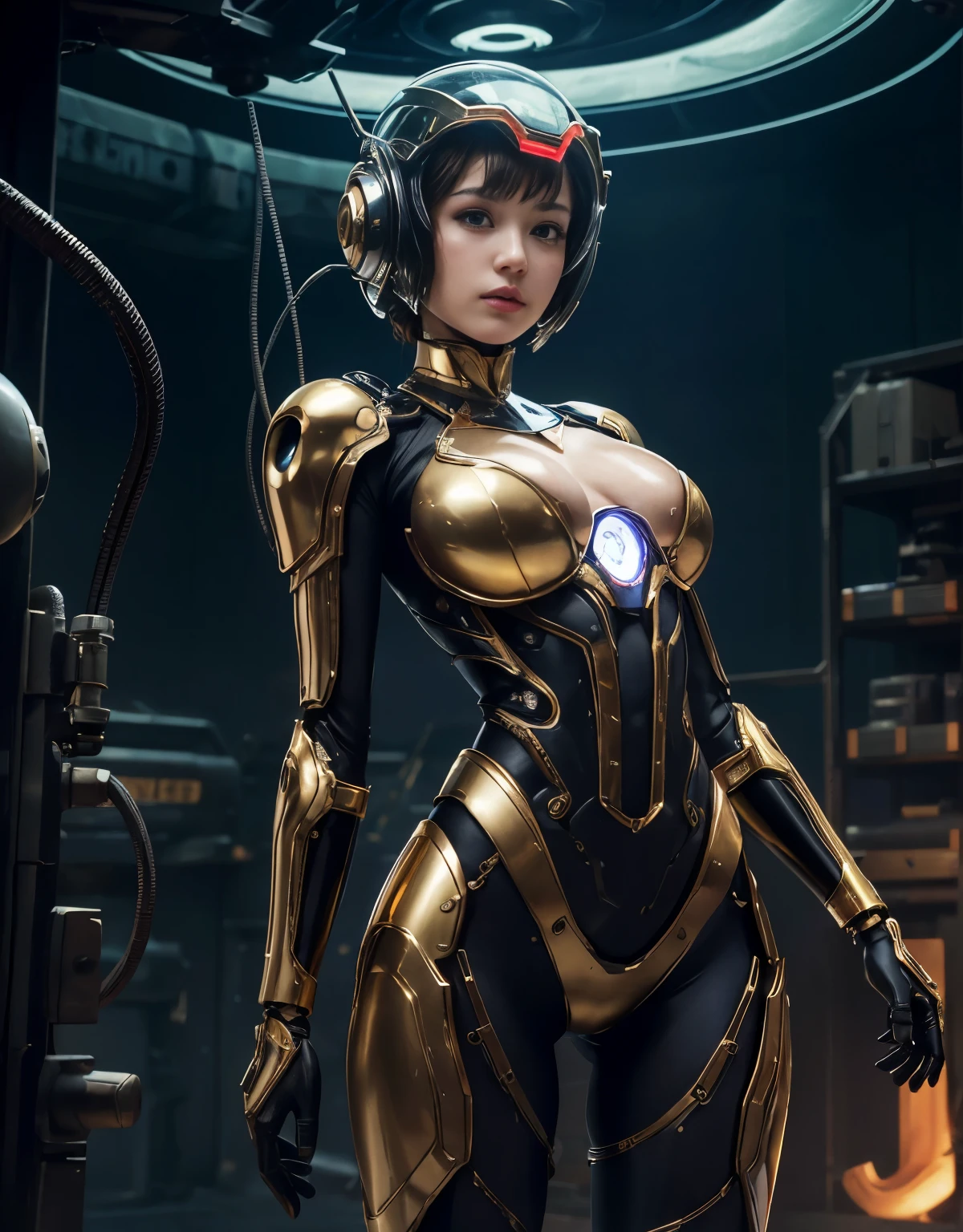 (Background of skimpy mechanical girl and octopus alien)、（Mystical expression）、highest quality、masterpiece、Super high resolution、(Photoreal:1.4)、RAW photo、1 girl、glowing skin、detailed face、(((1 Mechanical Girl)))、Heavy chest、（gold metal bodysuit）、(Natural alien background to fight aliens)、(Small LED)、((Super realistic details))、vertical giant monster background),global illumination、Shadow、octane rendering、24K、super sharp、robotの背景、big breasts、Raw skin exposed in the cleavage、intricate decorative details、Japan details、very intricate details、realistic light、(Mystical expression),CG Society Trenlow Eyes、Eyes shining towards the camera、Mechanical marginal blood vessels connected to neon detail tubes)、(Wires and cables connecting to the head)、Small LED、,mechanical thighs、two stock、（Hands are also made of machines）、robot、future alien、Please wear a mechanical helmet、transparent face guard on helmet、16K,