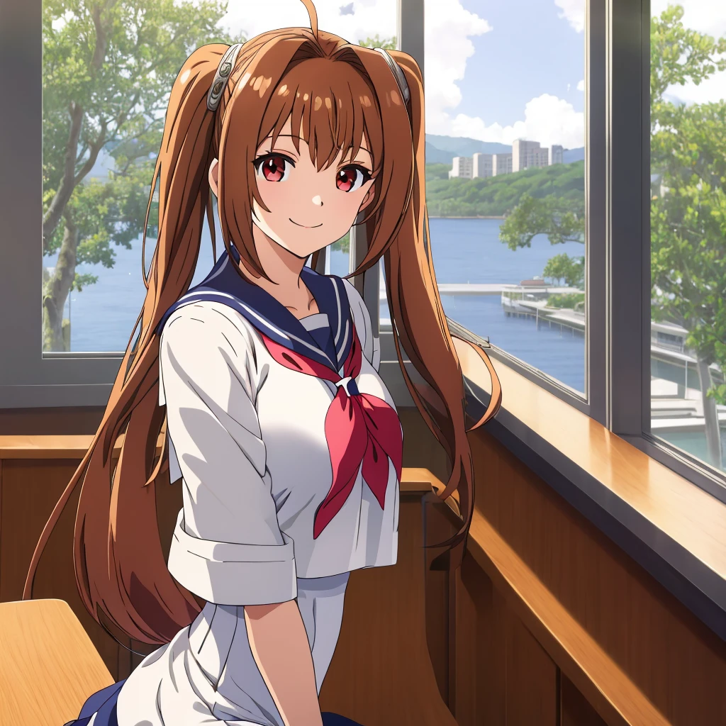 masterpiece, best quality, scEstelle, sailor suit, upper body, sitting, looking at viewer, class room, big tits, smile, school