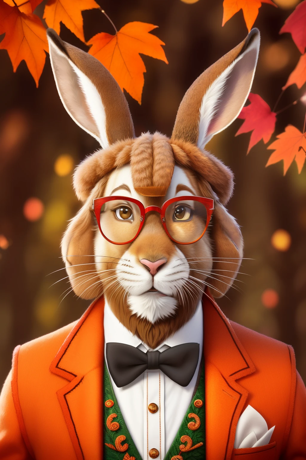 A handsome hare in a hat and glasses, (cartoon character:1.2), (detailed whiskers:1.3), (wearing a red vest:1.1), plucked carrot in hand, (intricate details, hyper-detailed:1.1), hdr, cinematic shot, vintage style, centered, (warm colors:1.1), autumn leaves in the background, (darling:1.2), endearing expression, (charming:1.1), looking over glasses with a twinkle in his eyes.
