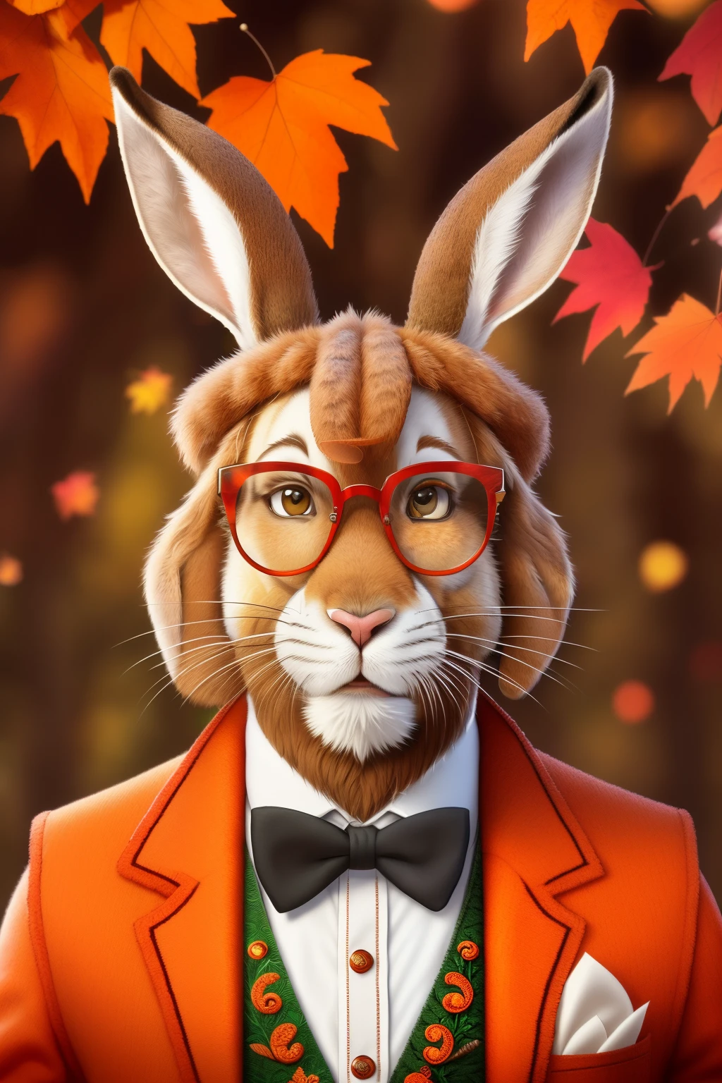 A handsome hare in a hat and glasses, (cartoon character:1.2), (detailed whiskers:1.3), (wearing a red vest:1.1), plucked carrot in hand, (intricate details, hyper-detailed:1.1), hdr, cinematic shot, vintage style, centered, (warm colors:1.1), autumn leaves in the background, (darling:1.2), endearing expression, (charming:1.1), looking over glasses with a twinkle in his eyes.