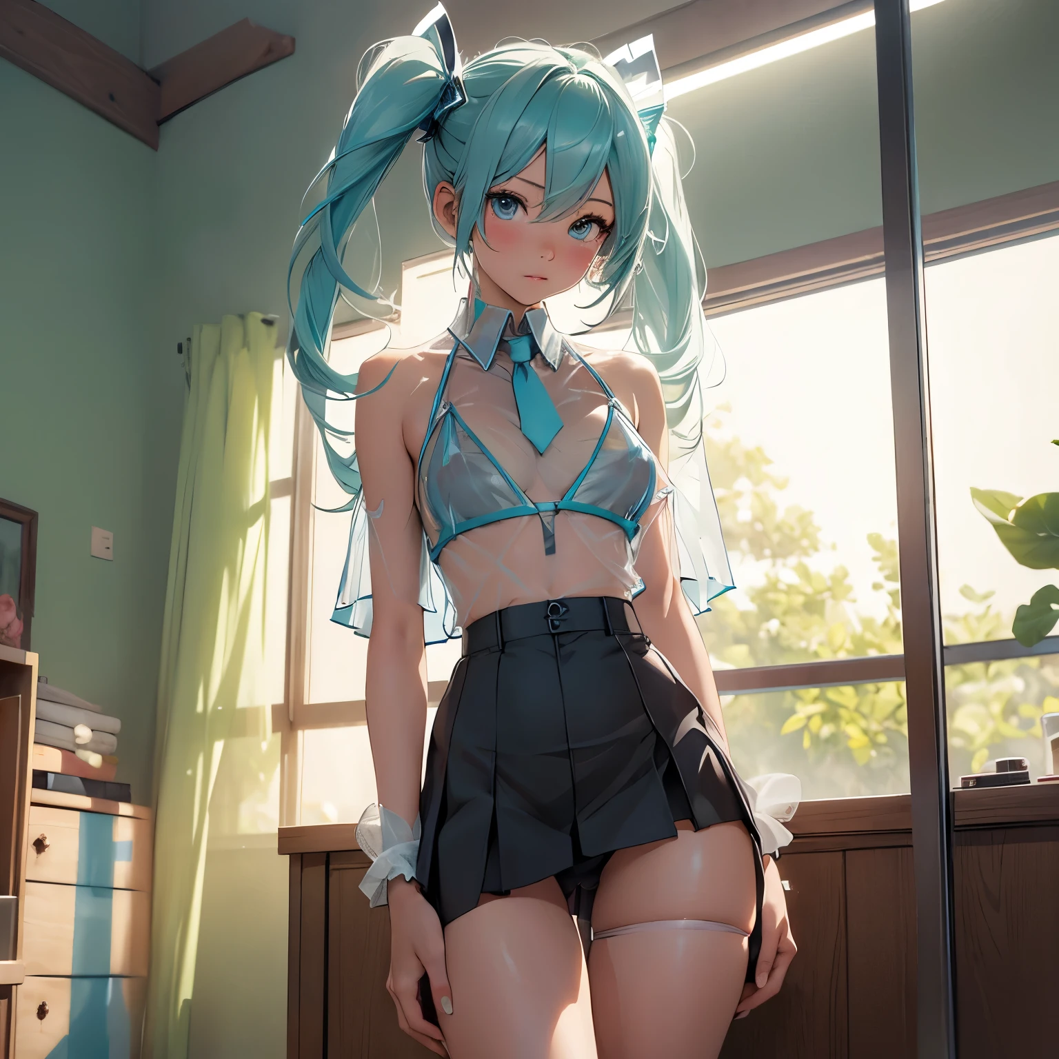 (quality)), ((masterpiece)), Recommended resultsluffly、(see through:1.5)、whole body 、Swollen nipples，straighten your back、huge bust、angle to floor:1.2、low camera angle、Hair loss on crotch、Whole body facing the camera，Hair can be seen on the crotch，Hatsune Miku，Butterfly skirt