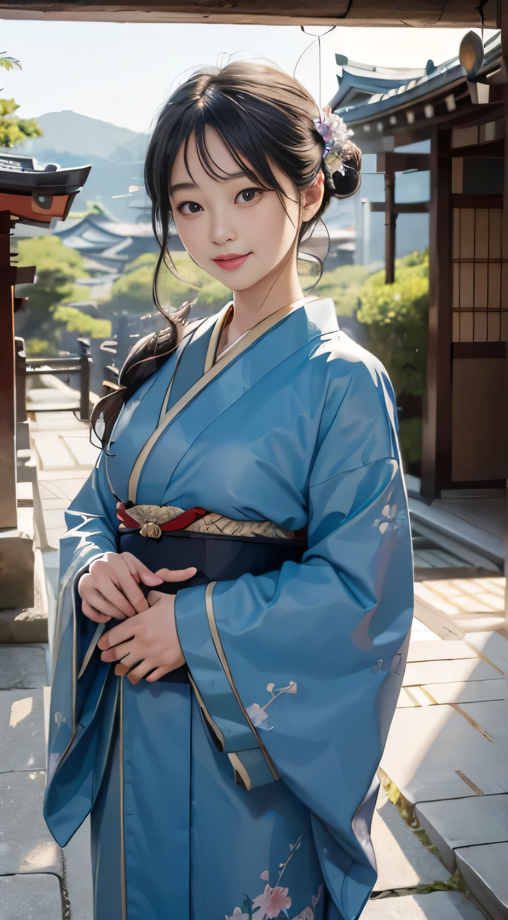 ((top quality、8 thousand、masterpiece:1.3))、bowing、welcoming、seiza、Japanese、、perfect body beauty:1.4、kimono:1.5、((delicate hair))、28 years old from Japan、double eyelid、baby face、 laugh, black hair, forehead, beautiful and delicate eyes,The background is the ancient capital、kyoto、shrine、Blue kimono、