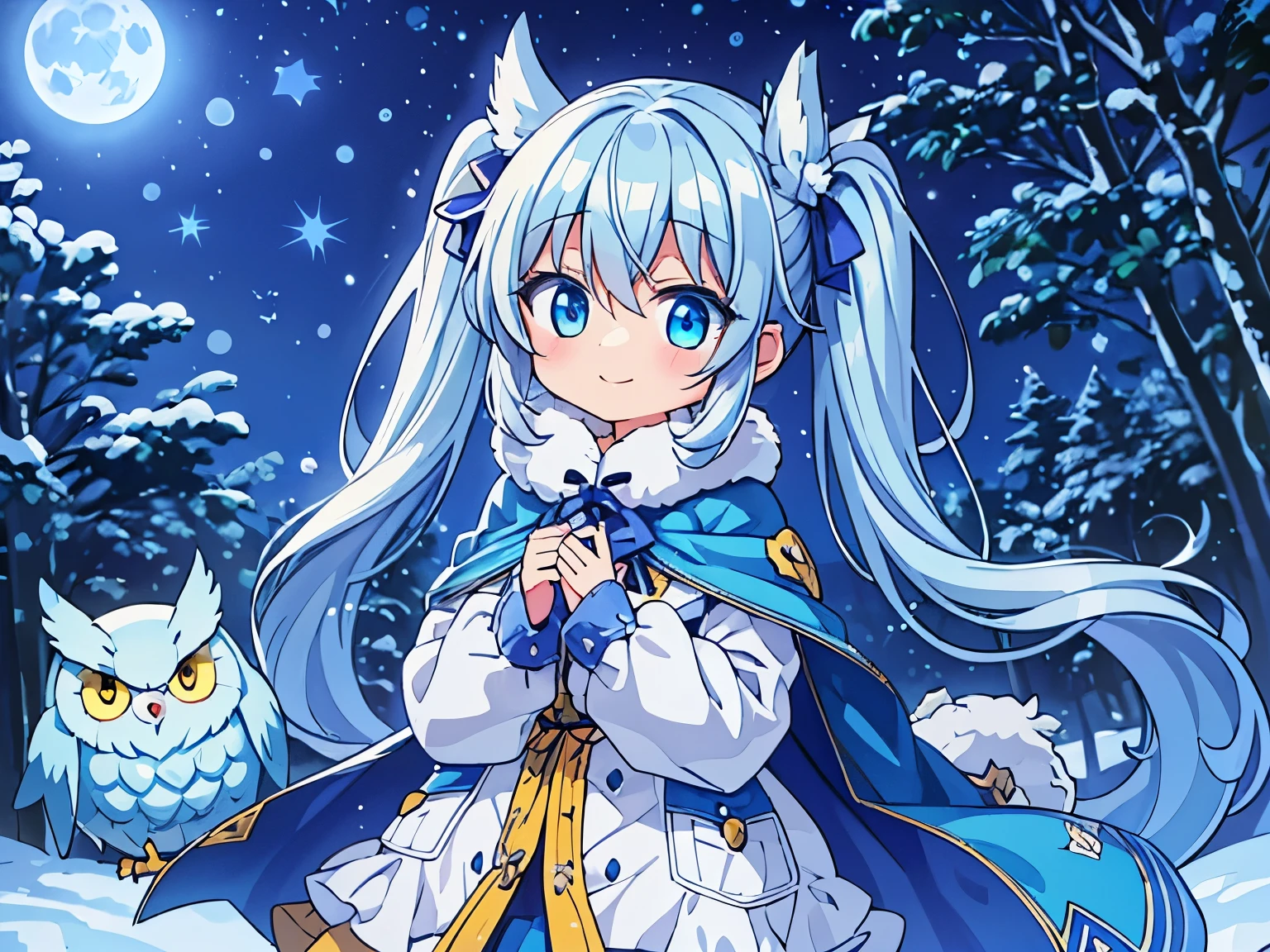 that&#39;It&#39;s snowing((Some photos)).In the cold winter forest where the wind blows　that&#39;It&#39;s snowing　beautiful girl with long light blue hair　twin tails　adorable smile　warm yellow down coat　A big big owl is watching over the girl　Beautiful moonlit night　The stars twinkle