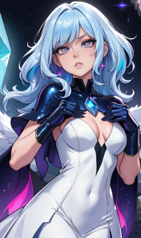 (Fine, sharp images, super resolution, extremely amazing detail, awesome detail), subsurface scattering, masterpiece, best quality, high quality, 1girl, solo, upper body, prism eyes, prism hair, prism, serious, [silver|white] + (blue: -0.3) hair, blue + red eyes, gradient eyes, multicolored eyes, calm, small breasts, evening dress, gloves with optimal proportions of four fingers and one thumb, glowing eyes, glowing eyes, glowing white particles, glitter, bloom, fantasycave