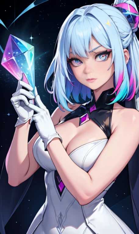 (Fine, sharp images, super resolution, extremely amazing detail, awesome detail), subsurface scattering, masterpiece, best quality, high quality, 1girl, solo, upper body, prism eyes, prism hair, prism, serious, [silver|white] + (blue: -0.3) hair, blue + red eyes, gradient eyes, multicolored eyes, calm, small breasts, evening dress, gloves with optimal proportions of four fingers and one thumb, glowing eyes, glowing eyes, glowing white particles, glitter, bloom, fantasycave