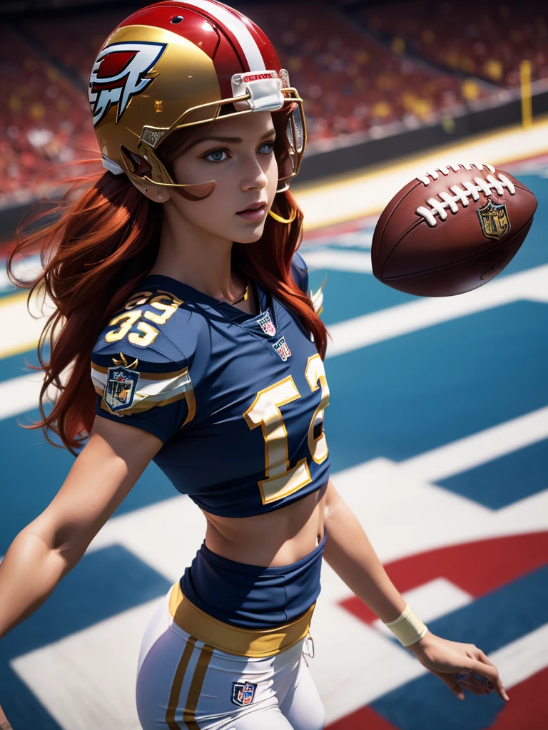 Photorealistic image ((masterpiece)), ((high quality)) UHD 8K, of a fNFL woman, (medium chest), (thin waist), wearing (sexy football uniform, NFL. red and gold), (NFL helmet), bright blue eyes, long red hair, playing on a football field