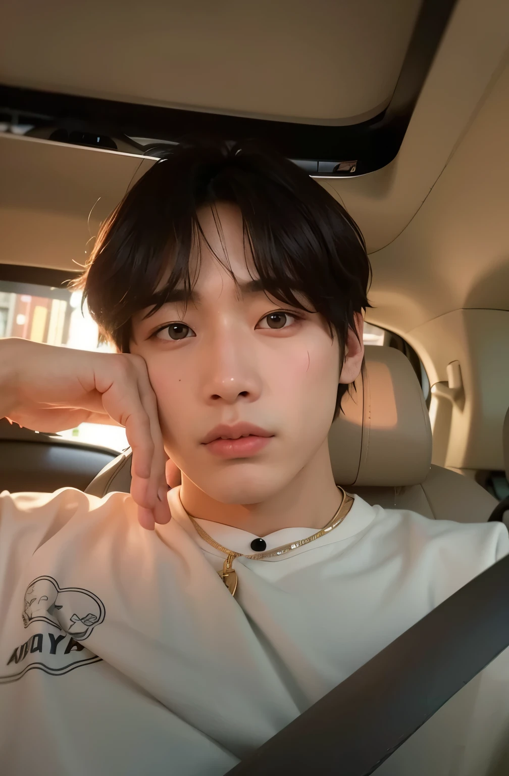 arafed asian man sitting in a car with hand on head, kim doyoung, hyung tae, Jung Jaehyun, foto de perfil en la cabeza, cai xukun, Jinyoung Shin, TaeJune Kim, jungkook, pale korean adorable face, steven jung, hong junio hyung, yanjun chengt, Jimin, pintar ulzzang polera negra con cuello