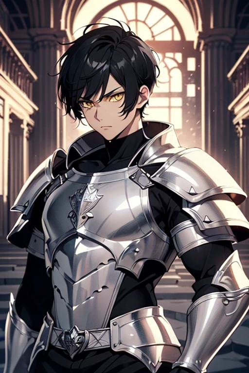 128K Ultra High Definition, 128K Ultra High Quality, 128K Ultra High Resolution, Best Definition, Best Quality, Best Resolution, Perfectly Detailed, Perfectly Designed, Extremely Detailed, Extremely Designed, Hyper Detailed, Hyper Definition, Hyper Quality, Hyper Resolution, Masterpiece, (((Anime))), Body Shot, (((Boy)), Handsome, Muscular Body, (((Black Short Hair))), (((Yellow Eyes))), (((Hyper Detailed & Perfectly Designed With Ultra High Quality Silver Assassin Armor))), (((Inside Of Medieval Royal Palace Background Scenery)))