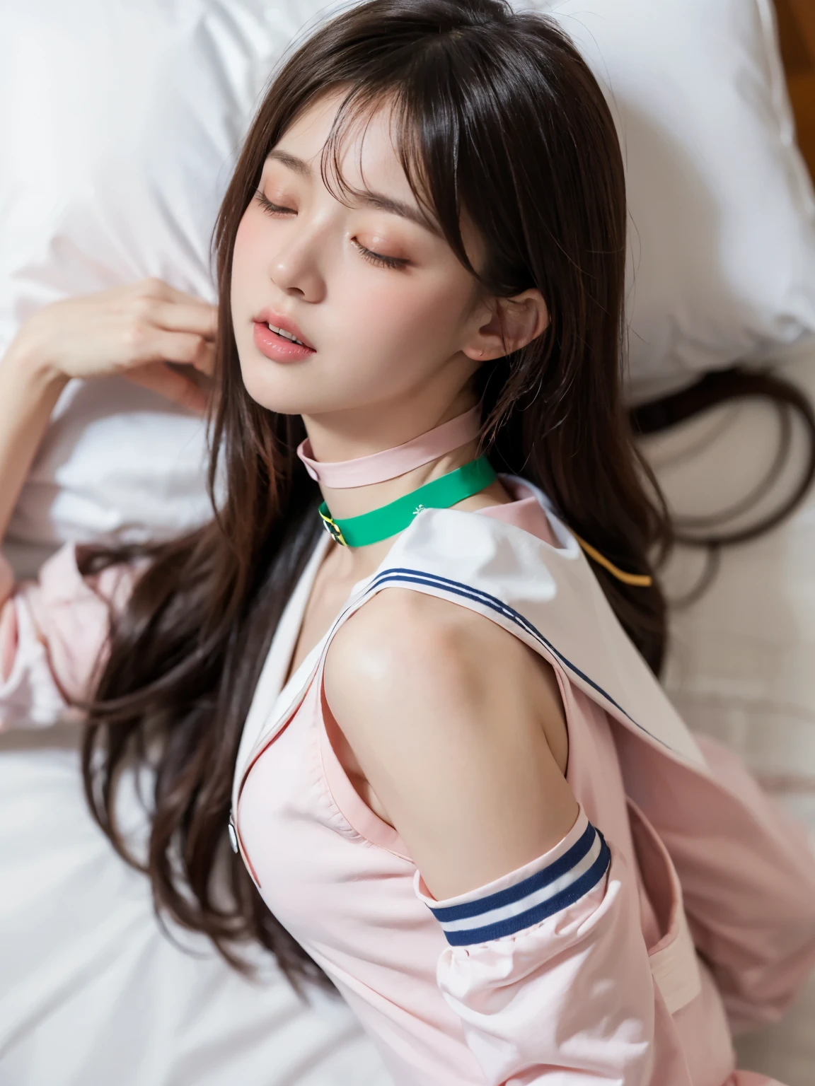 ((((highest quality))))、(((Ultra-precision CG16K wallpaper)))、(((masterpiece)))、(((Super detailed)))、(((super extreme details)))、1people's women、mature woman、25 year old woman、((Japanese face))、((very beautiful face))、((Mana Ashida:1.5))、((straight semi-long hair:1.3))、(shiny hair)、bangs up to eyebrows、beautiful brown hair、beautiful delicate eyes、brown eyes、raised eyebrows、high nose、small nostrils、small mouth、seductive lips、mouth slightly open、beautiful breasts、C cup size breasts、cleavage、plump body、perfect proportions、perfect anatomy、perfect composition、beautiful detailed shading、beautiful natural lighting、beautiful detail glow、Depth of bounds written、(((High chroma)))、(((real:1.9)))、((vivid:1.4))、((beautiful skin))、((skin texture))、((realな皮膚感))、(((cowboy shot:1.6)))、((overhead view:1.6))、((face with open mouth and closed eyes:1.5))、(panting face:1.3)、(((blush、agony、pleasure、trance:1.8)))、Daytime bedroom、bright sunshine、(((Lying on your back on the bed:1.6)))、(supine pose)、(((high school girl uniform、Sailor suit wearing:1.6)))、(((choker clothing:1.6)))、