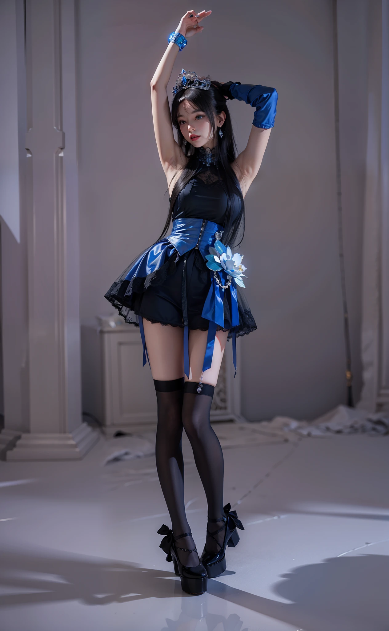 girl,torned pantyhose,solo,long hair,shirt,full body,shirt,full budy,pantyhose, indoors,skirt,Torn clothes,black skirt,lack pantyhose, no shoes, arms behind back ,skirt, realistic ,women's stockings,full budy, toes,full legs,full foot,withoutshoes,Expressiveh,concept art,show toes, open arms, open armpit, armpit ,g_s, 1girl,better photography,fishnet bodysuits, breasts, fishnet pantyhose,standing, fishnet, open armpit, show armpit, without shoes