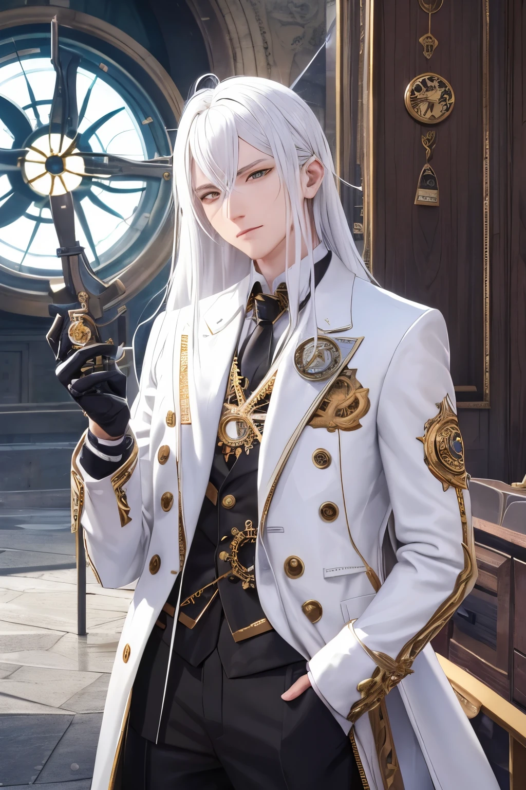 guy, white jacket, a huge clock behind his back, clothes decorated with gears, the god of time, long white hair, an image of chess arrows in his right eye, an old gunpowder pistol in his hand