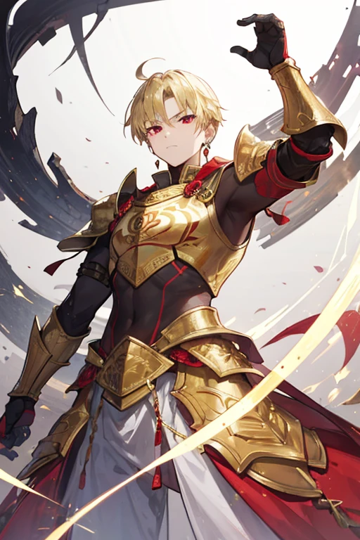 masterpiece,best quality,highres, 1boy,gilgamesh\(fate\) (arms crossed:1.1) floats in the air scorn the viewer,solo,male focus, short blonde hair,hair slicked back,red eyes, armor,breastplate,gold armor,shoulder armor,pauldrons,gauntlets, jewelry,earrings, gold background,a lot of Magic Circle behind gilgamesh\(fate\), (from below:1.2), backlit,