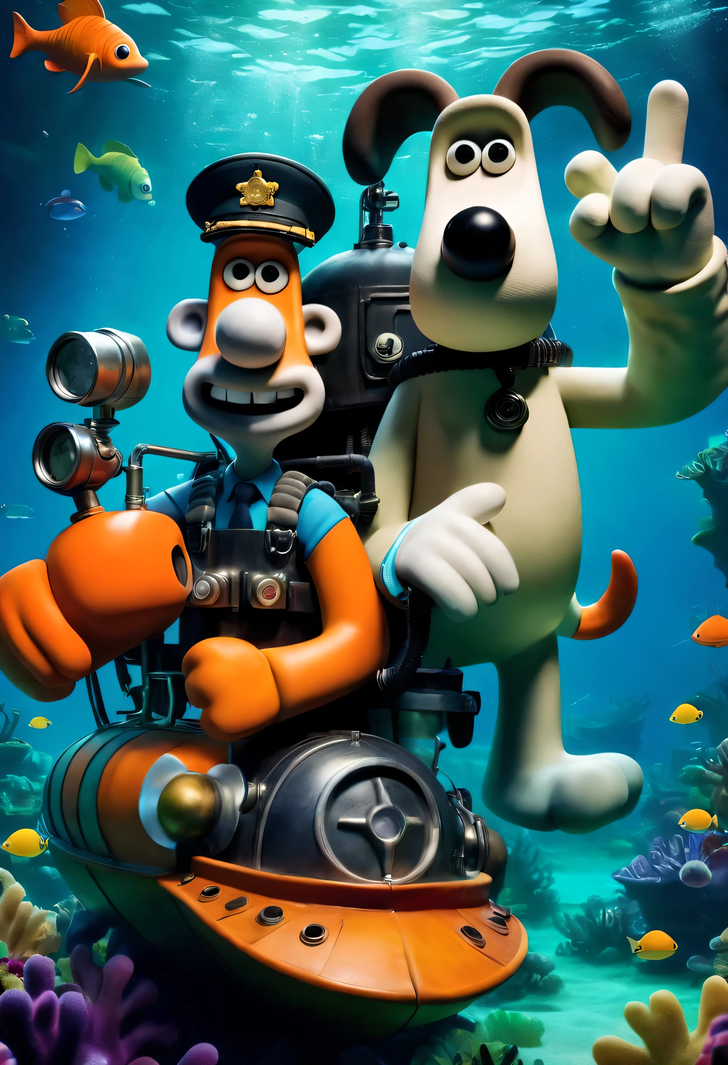 wallandgrom, friends 1boy 1dog, 3d \(artwork\), Wallace and Gromit embark on a rollicking expedition to explore the mysteries of the deep sea aboard their homemade submarine, 'The Aqua-Carrot.' With Wallace at the helm, sporting a comically oversized diving helmet and armed with an array of peculiar gadgets, they dive into the unknown depths with Gromit's steady paw by their side. As they encounter curious marine creatures and navigate treacherous underwater caverns, their journey unfolds into a series of whimsical escapades filled with laughter and discovery. From thwarting a band of mischievous octopuses to uncovering a lost treasure trove guarded by a grumpy lobster, Wallace and Gromit's underwater adventure is a testament to their indomitable spirit and boundless thirst for fun