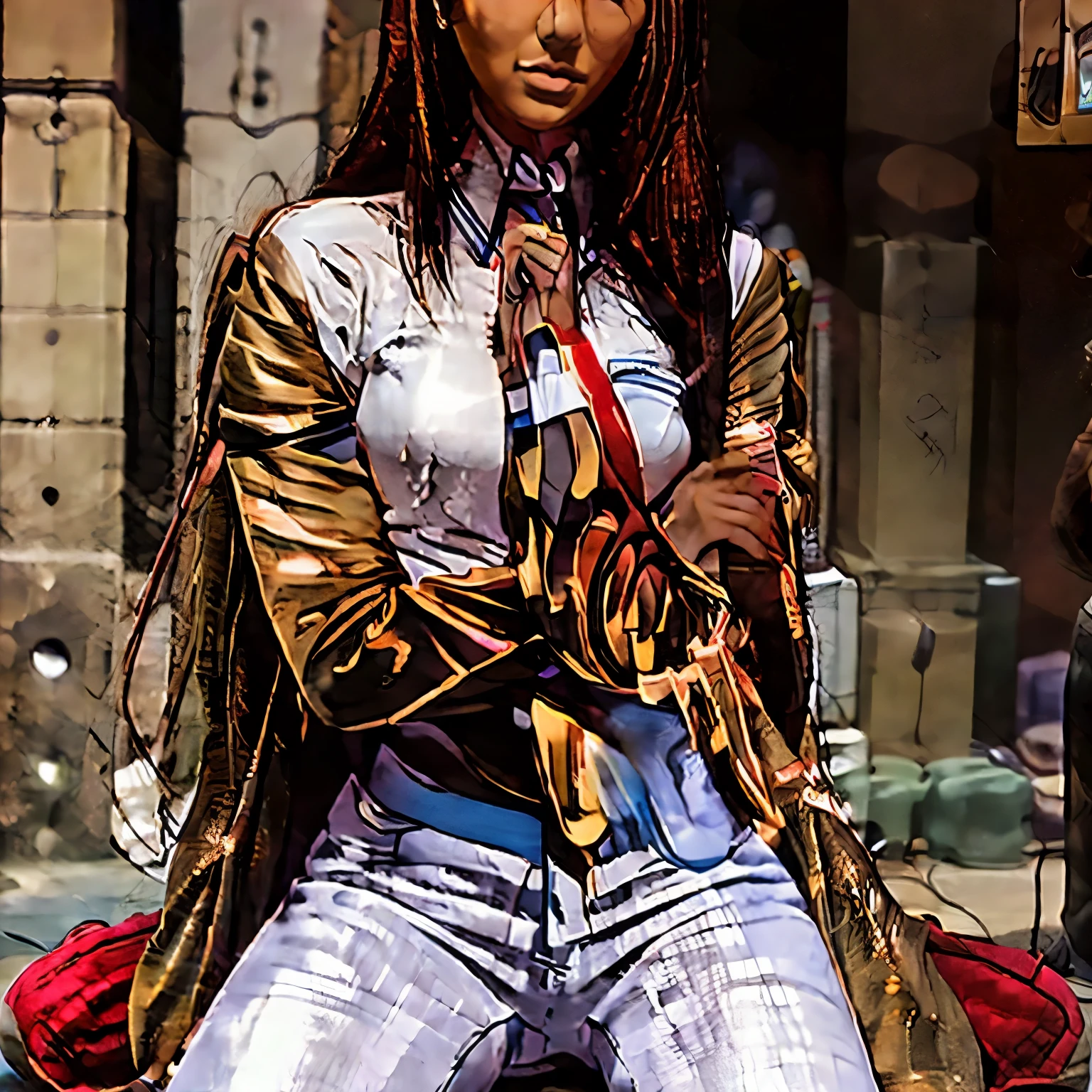 Create a 3D illustration of an animated Indian woman character sitting casually on top of a social media logo"Instagram". A personagem deve usar blazervermelho, Red pants, blusa preta, White sneakers, cabelo longo de cor loira e ondulado,pele clara, olhos levemente puxados de corcastanho e segurando um iPhone. The background of the image is a social media profile page with the username "liviabrasil" e uma fotode perfil correspondente