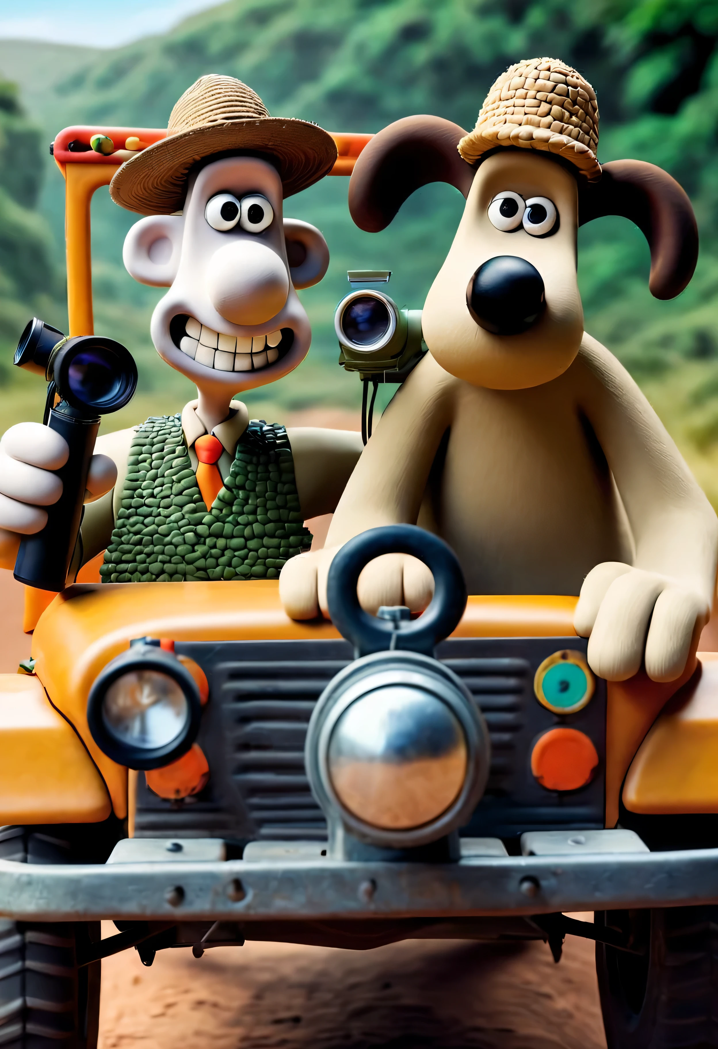 wallandgrom, friends, 1boy looking at viewer, 3d \(artwork\), Wallace and Gromit embark on a wild safari adventure across the savannah plains of Africa, armed with nothing but their trusty jeep and a keen sense of curiosity. With Wallace at the wheel, sporting a safari hat and binoculars, they traverse rugged terrain in search of exotic wildlife and thrilling encounters. From playful encounters with mischievous monkeys to heart-pounding chases with majestic lions, each moment is filled with laughter, excitement, and the unmistakable bond between pals. As they navigate the untamed wilderness, Wallace's whimsical inventions and Gromit's steadfast determination prove to be the perfect combination for navigating the wilds of Africa in style. Together, they create memories that will last a lifetime, proving that even the wildest adventures are best shared with a loyal friend by your side