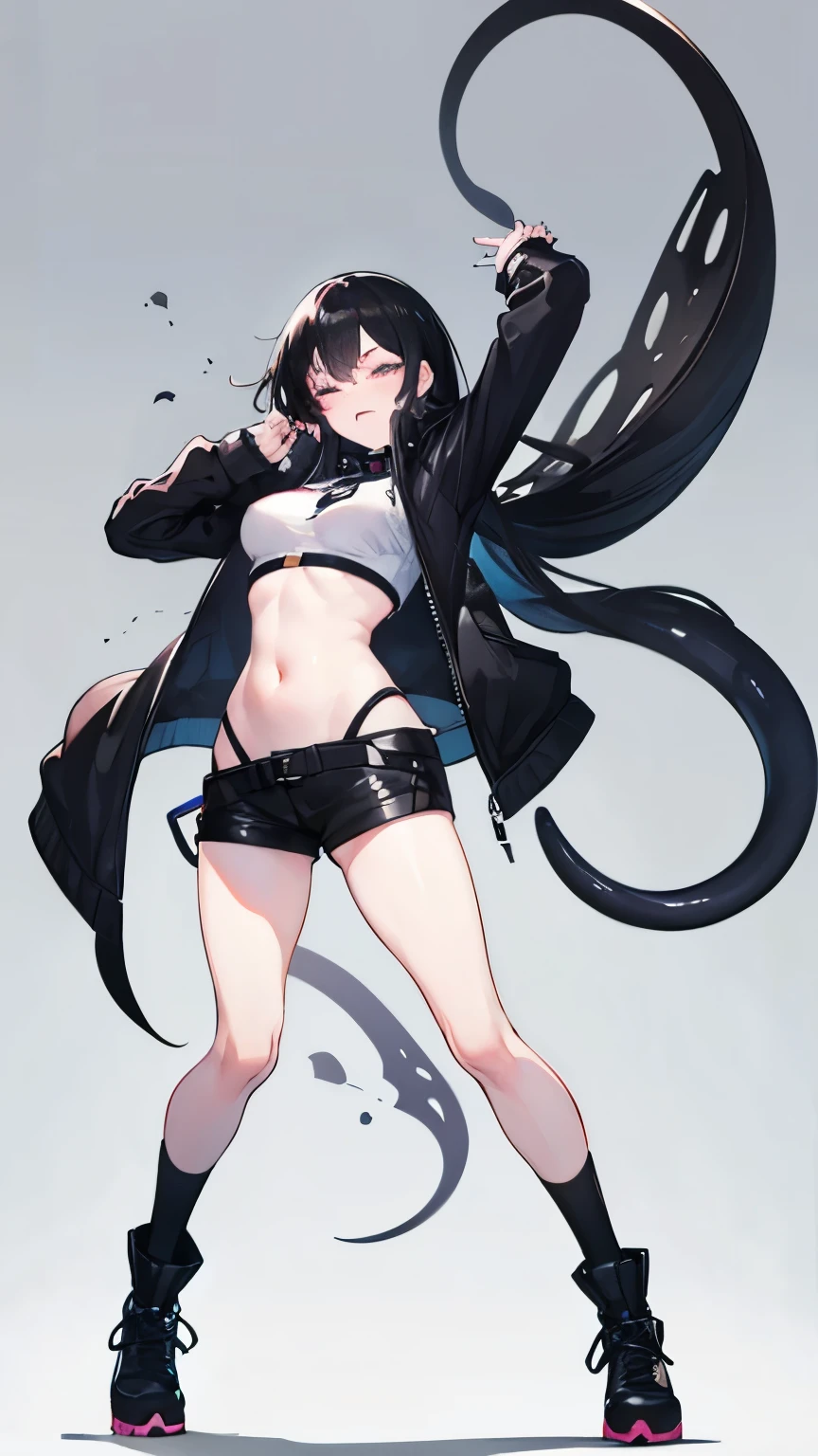 Human physique,Human anatomy,Scorpion tail,person of African descent, Short hair,Beret, Above all,Black pants,Black shoes,