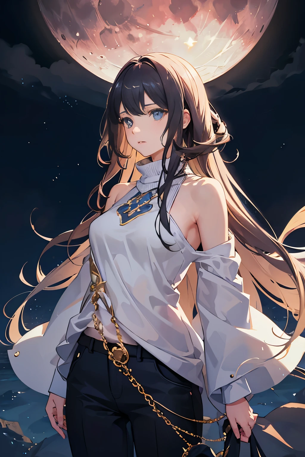 Masterpiece, one girl, solo, dressed in a cozy sweater and trousers, with her hair cascading down her shoulders in loose waves. Her eyes, big and expressive, are fixed on the moon, reflecting a deep sense of wonder and peace. The moonlit landscape behind her is beautifully rendered, with every detail meticulously captured in high resolution. The realistic, ultra-detailed image showcases the girl's slender figure, her delicate features, and her sharp focus on the celestial body above. The scene is bathed in soft, dynamic light and shadow, bringing out the rich textures and creating an ethereal, dreamlike effect. The girl's expression is serene