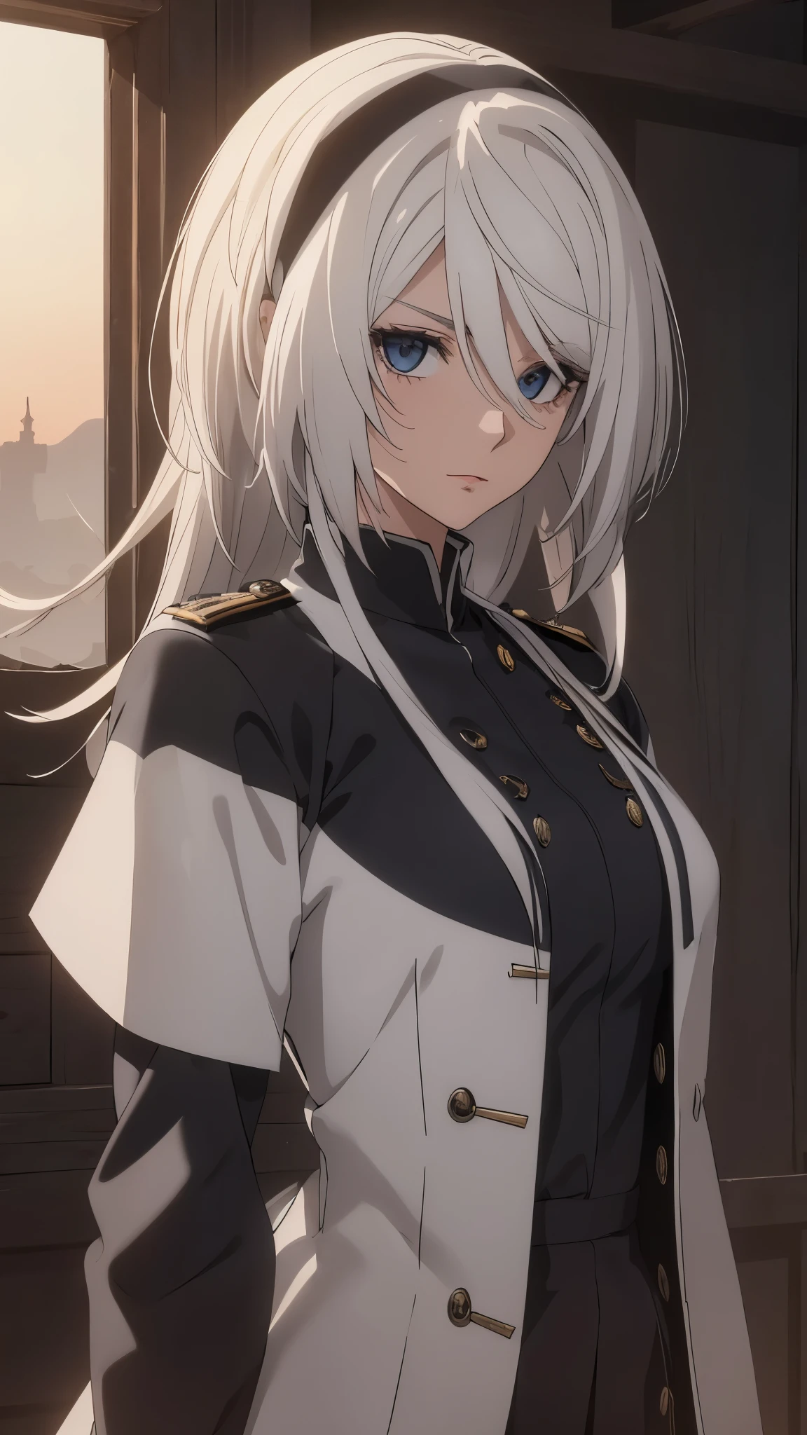 The Perfect Girl, perfect details, Ultra HD |, 8K, Professional photo(extremely detailed CG unity 8k wallpaper), (masterpiece), (best quality), (ultra-detailed), (best illustration), (best shadow), (absurdres), 2b, 1girl, long hair, normal size , white hair, Intimidating women, admiral uniform, night, hero pose, white clothes, General Uniform, Military Uniform, Dawn, exposed to sunlight, commander, black clothes, sunkissed, sunset background,