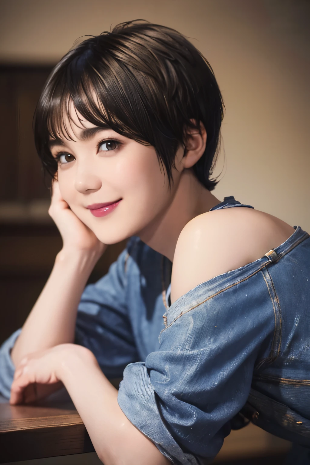 150
(20 year old woman,jeans), (Super realistic), (high resolution), ((beautiful hairstyle 46)), ((short hair:1.46)), (gentle smile), (brest:1.1), (lipstick)
