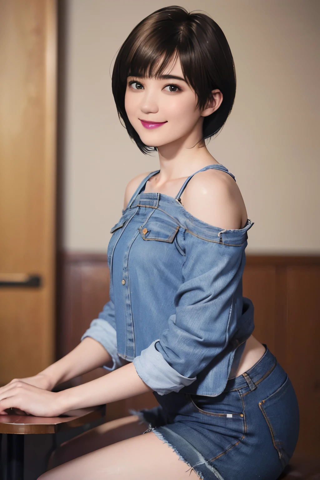 150
(20 year old woman,jeans), (Super realistic), (high resolution), ((beautiful hairstyle 46)), ((short hair:1.46)), (gentle smile), (brest:1.1), (lipstick)