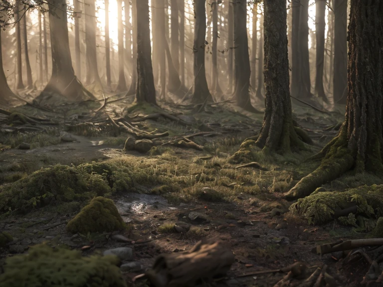 3d rendering of forest, abandoned, dramatic color grade, mosses, an abandoned, roto, oud, accurate color grading, RVB, Sony A7 III, Sigma Art 85 mm f / 1,4 DG HSM, A perfect, sub-surface Scattering, unrealengine, dusty sun light, dystopian world、Mossy、