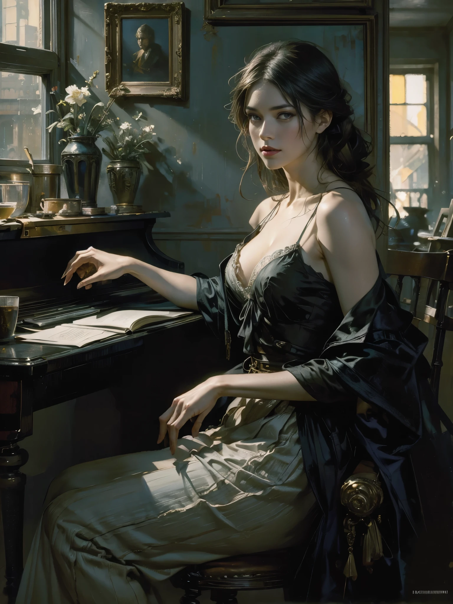 painting of woman, with influence of Jeremy Mann, Jeremy Mann, style of Jeremy Mann, Jeremy Mann painting, Jeremy Mann art, Ron Hicks, Liepke, Jeremy Mann and alphonse mucha, Works that influenced Edmund Blampid, robert lenkiewicz, Casey Baugh and James Jean, Works that influenced Willem Kalf, Nick Alm, tumbler, figurative art, Intense watercolor painting, watercolor detailed art,Beautiful and expressive paintings, Beautiful artwork illustration, wonderful, cool beauty, highest quality, official art, perfect composition,perfect angle, best shot, female solo, sharp outline, melancholy, nostalgia, nostalgia,Eyes without pupils, color eye, ideal anima, In search of lost time, marcel proust, sentimental, Full body Esbian, The vague boundary between past and present, recall, outdoor, Paris in the first half of the 20th century, Montmartre, mysterious, mysterious