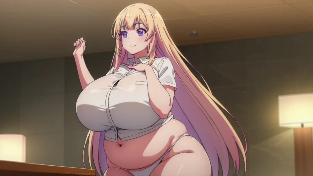 honamiichinose, honami ichinose, long hair, blonde hair, (purple eyes:1.1), hair between eyes, smile,
white bikini, 
BREAK indoors, classroom,
BREAK looking at viewer, (cowboy shot:1.5),
BREAK (masterpiece:1.2), best quality, high resolution, unity 8k wallpaper, (illustration:0.8), (beautiful detailed eyes:1.6), extremely detailed face, perfect lighting, extremely detailed CG, (perfect hands, perfect anatomy), (BBW: 1.4), (extra-gigantic breasts:1.4),  large breasts, chubby, (massive tits)), ssbbw, she has a jiggly fat round belly, ssbbw, ((natural big body)),(((natural the biggest belly))),(((natural the biggest belly))),(((natural the biggest belly))),(((natural the biggest belly)))(((natural the biggest belly))),(((natural the biggest belly)))