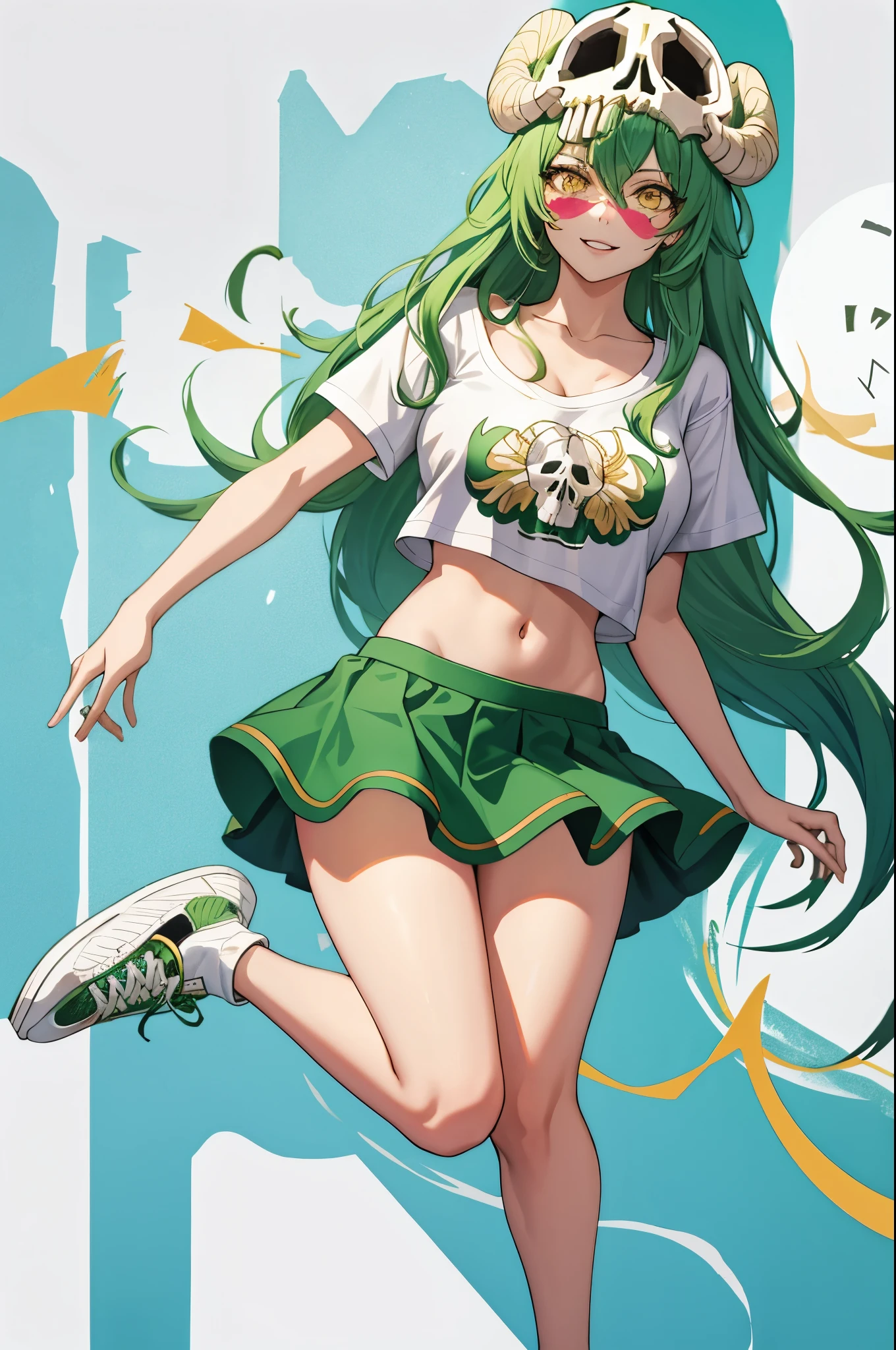 Nelliel Tu Oderschwank, green hair,yellow eyes, skull, Face mark,big breasts,smile , parted lips, Happy, mini skirt, graphic t-shirt, white sneakers