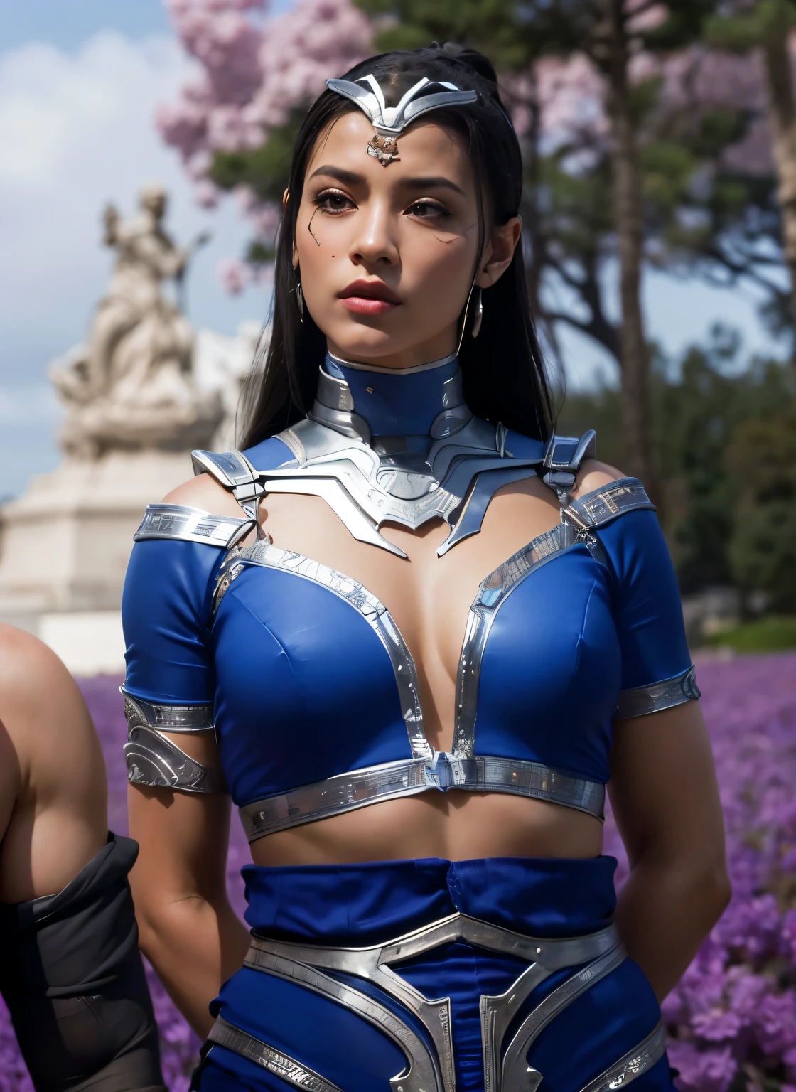 8k, melhor qualidade, kitana, asiatica, mk1, imagem real, serious and penetrating look, detalhes intrincados, ultra-detalhado, ultra high resolution, campo de profundidade(photorealista,realista:1.2),obra de arte, foto de kitana, olhos pretos, cabelo preto, decote, Sozinho, exalando poder, batalha, olhar de superioridade sol, blue sky, melhor qualidade, realista, photorealista, (detalhes intrincados:1.2), (delicado detalhado), (cinematic light), linha clara, sharp focus, realista face, Rosto detalhado Unity 8K papel de parede, ultra high resolution, (photorealista:1.4),
