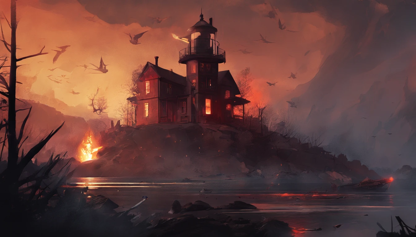 Otherworldly mysterious creatures, Terrifying atmosphere, Fire, Smoke, hyper photorealism, High quality, Masterpiece, blod, dead body, knife, light house,