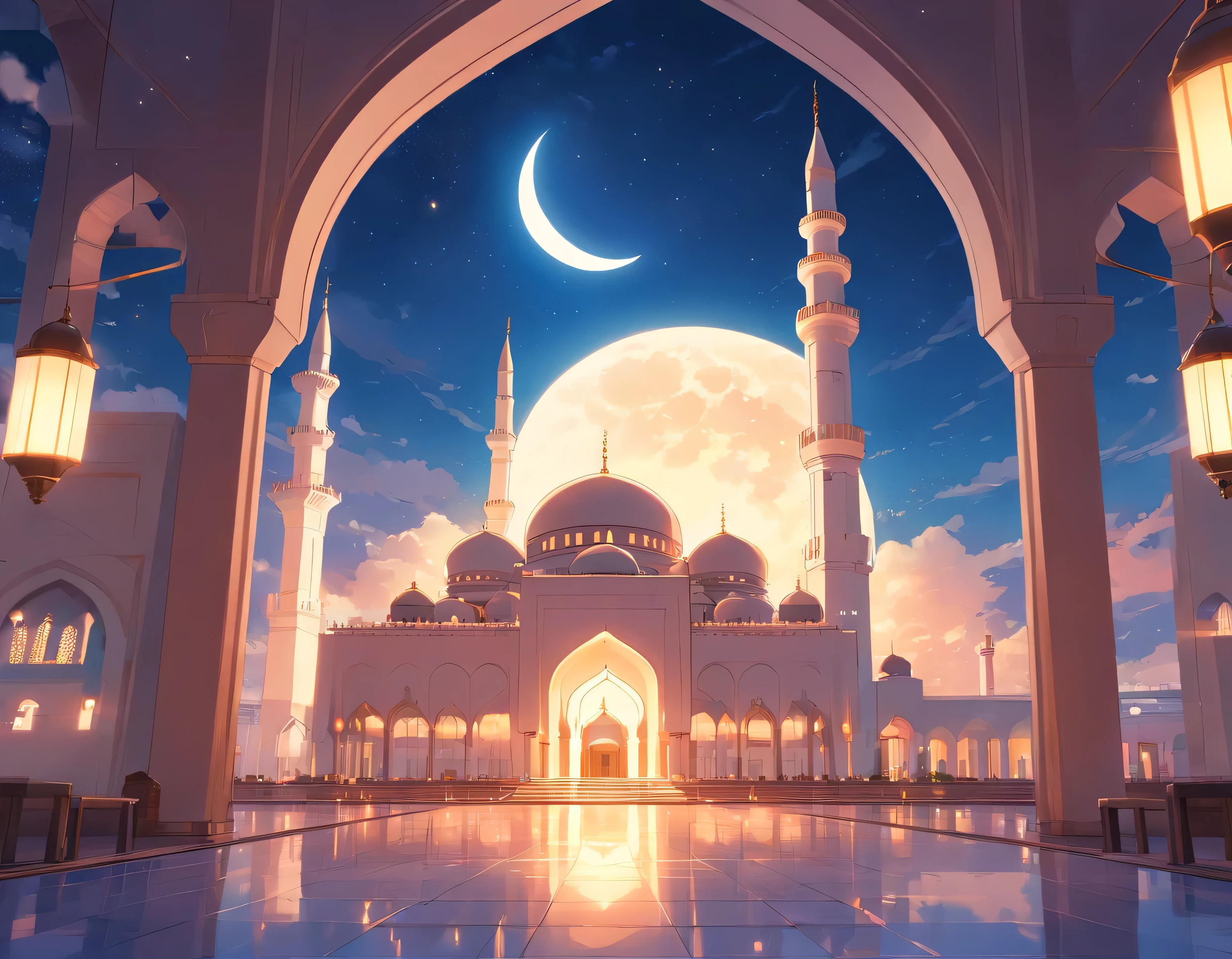 background with themes of Ramadan, mosque, bright moon, peaceful vibes