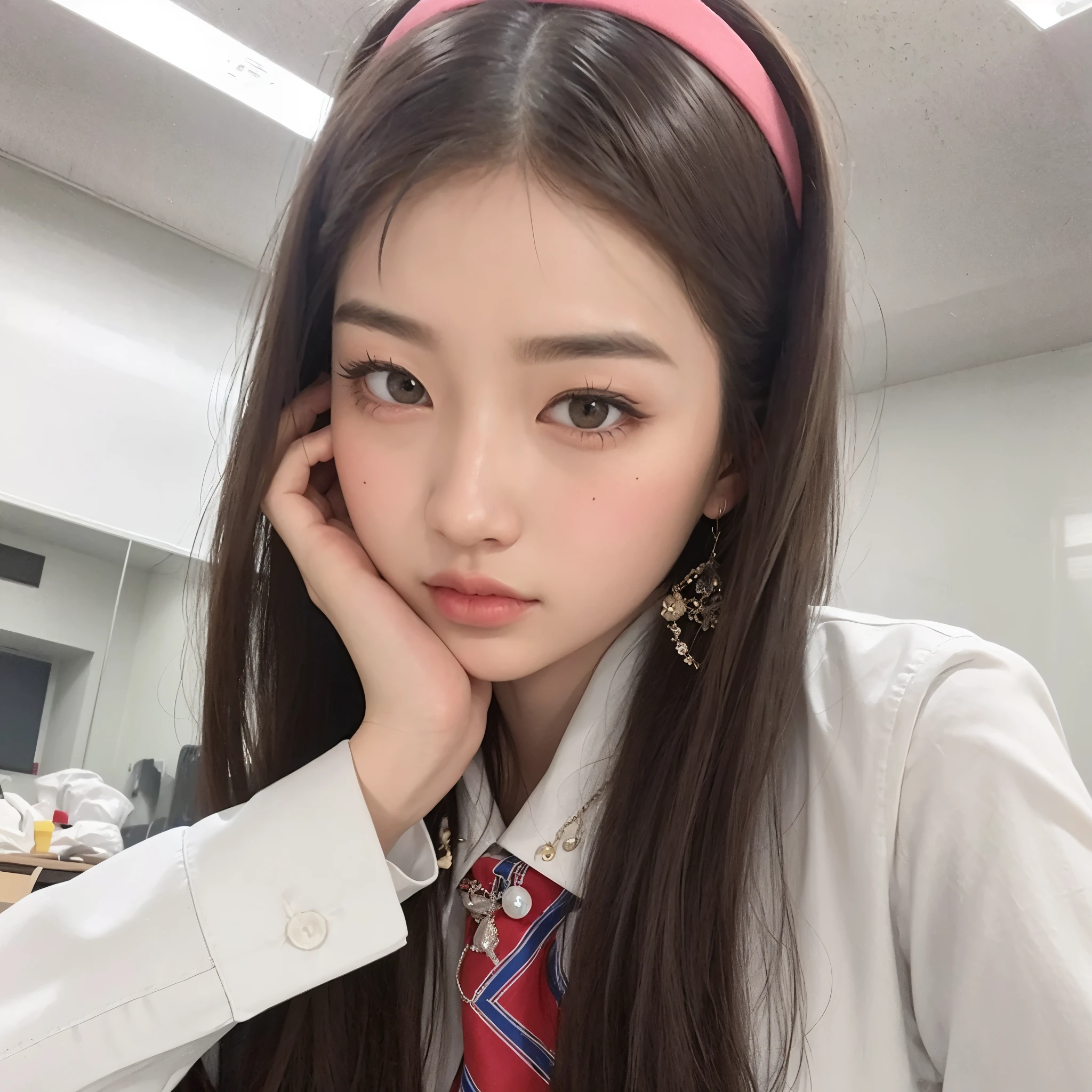 Araffe Asian woman with long hair, gravata e camisa branca, Jinyoung Shin, jaeyeon nam, Ulzzang, adorable and pale korean face, sakimichan, coreana, Lalisa Manobal, korean idol, Heonhwa Choe, bae suzy, young lovely korean face, tzuyu de duas vezes, estacionar a partir de-min