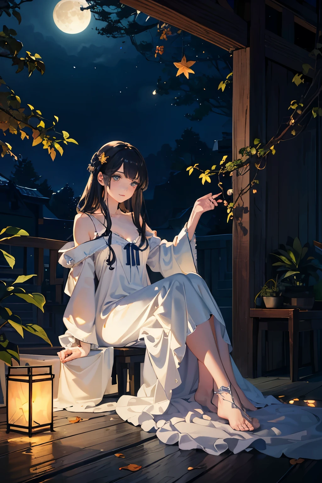 High quality masterpiece, girl in solo mode, watching the moon in quiet contemplation, night scene, moonlit garden, ethereal, delicate features, neatly tied hair, star-struck expression, shiny complexion, slight smile, deep focus, realistic rendering, ultra-detailed, high contrast, soft shadows, crisp details, realistic texture, characteristic freckles, long eyelashes, sparkling eyes, expressive irises, wispy lashes, slender frame, comfortable nightwear, lacy slippers, autumn leaves surroundings, vintage setting, tranquil ambiance, luminous moon, celestial reflections, peaceful serenity.