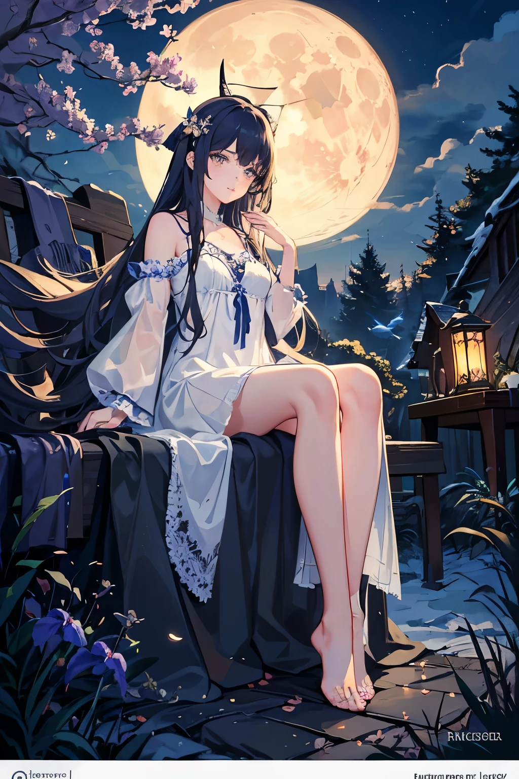 High quality masterpiece, girl in solo mode, watching the moon in quiet contemplation, night scene, moonlit garden, ethereal, delicate features, neatly tied hair, star-struck expression, shiny complexion, slight smile, deep focus, realistic rendering, ultra-detailed, high contrast, soft shadows, crisp details, realistic texture, characteristic freckles, long eyelashes, sparkling eyes, expressive irises, wispy lashes, slender frame, comfortable nightwear, lacy slippers, autumn leaves surroundings, vintage setting, tranquil ambiance, luminous moon, celestial reflections, peaceful serenity.