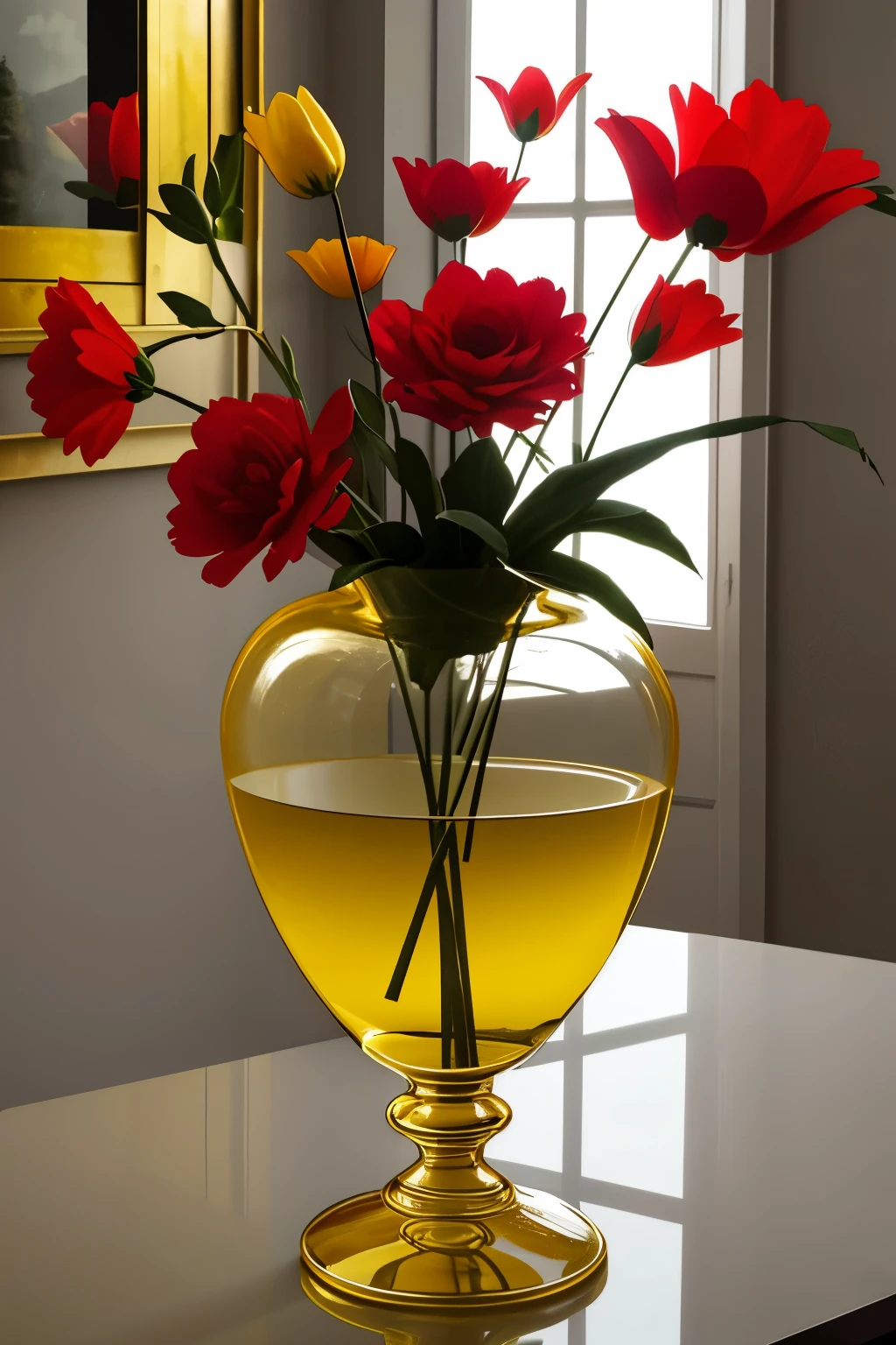 a bright red ceramic amphora-shaped vase,   is inside a transparent glass basin filled with overflowing golden yellow liquid. dentro do vaso flores amarelas e uma luz indireta ilumina o ambiente      